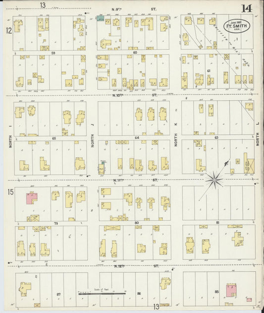 Sanborn Fire Insurance Map from Fort Smith, Sebastian County, Arkansas (1897), Sheet #0014 - Historic Sanborn Fire Insurance Map Print, vintage old map wall art, antique decor, genealogy gift, Arkansas Arkansas map