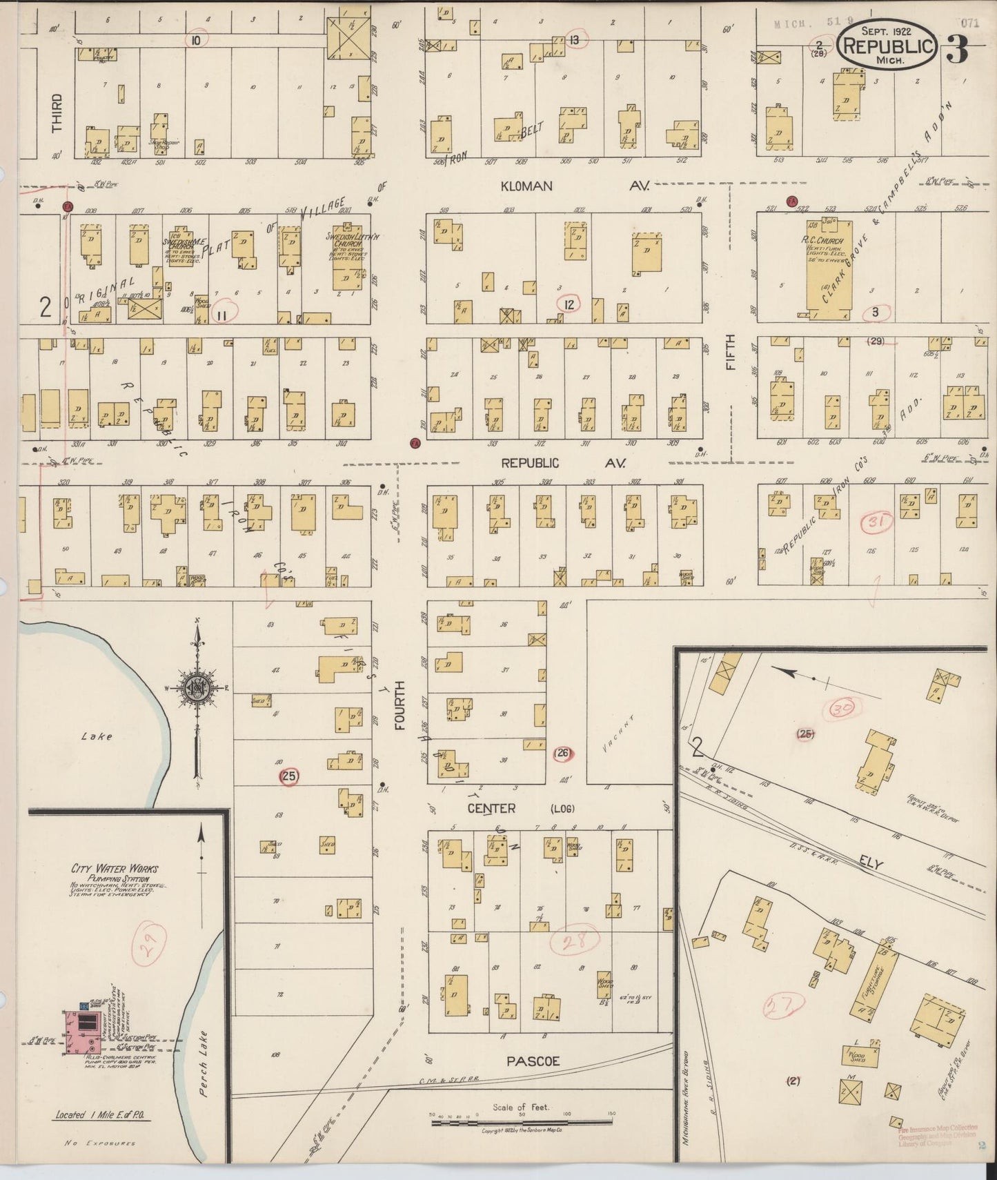 Sanborn Fire Insurance Map from Republic, Marquette County, Michigan (1922), Sheet #0003 - Complete Map Set gallery image, historic Sanborn map, vintage wall art, Michigan Michigan