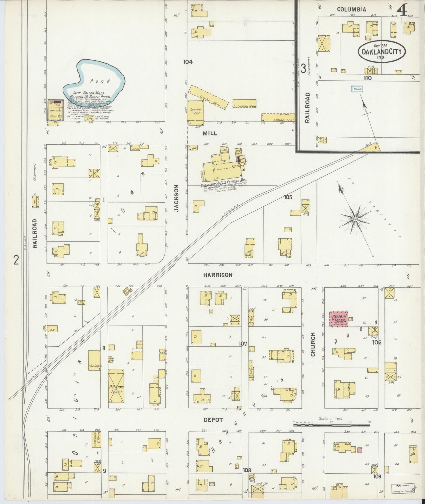 Sanborn Fire Insurance Map from Oakland City, Gibson County, Indiana (1899), Sheet #0004 - Complete Map Set gallery image, historic Sanborn map, vintage wall art, Indiana Indiana