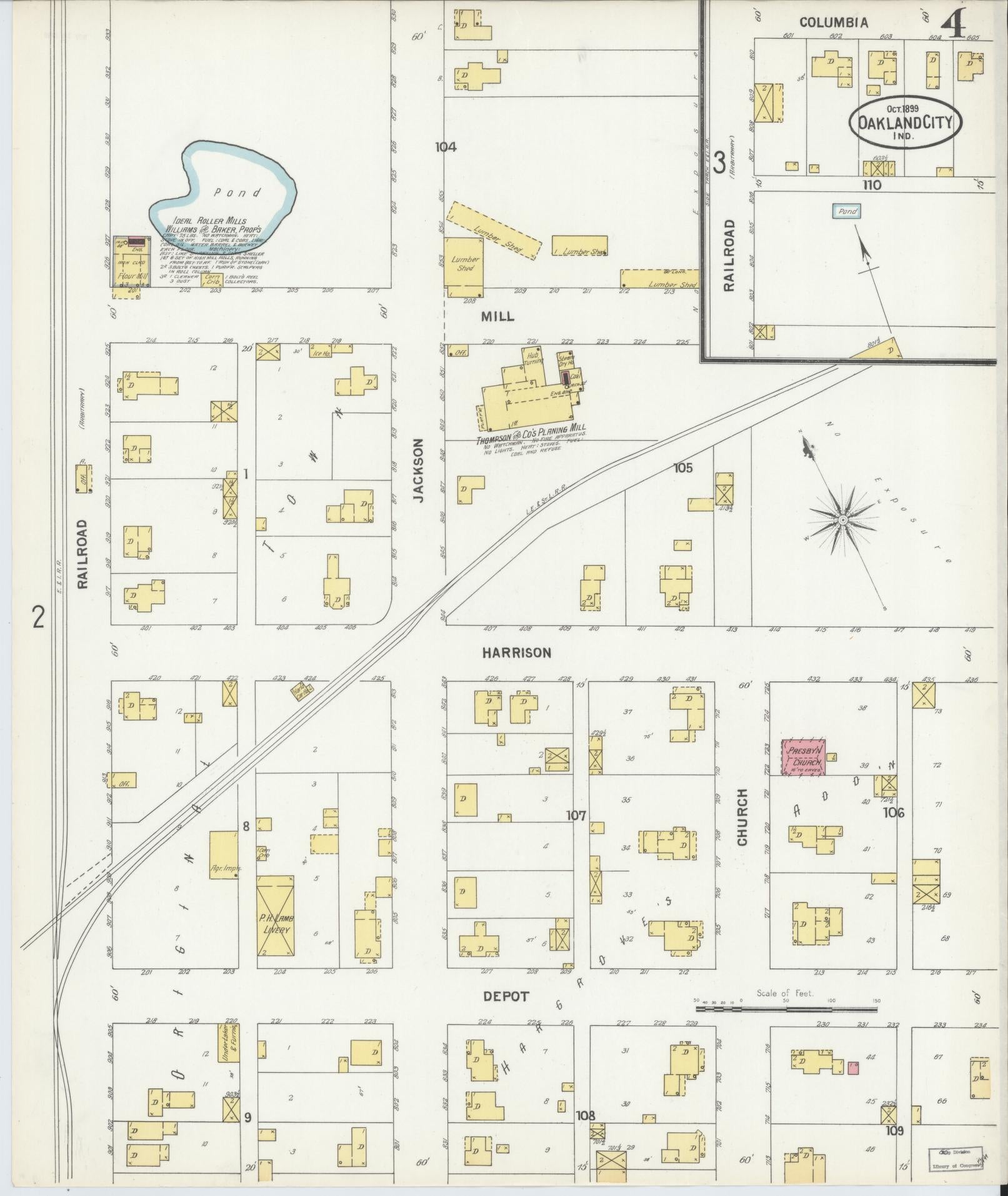 Sanborn Fire Insurance Map from Oakland City, Gibson County, Indiana (1899), Sheet #0004 - Complete Map Set gallery image, historic Sanborn map, vintage wall art, Indiana Indiana