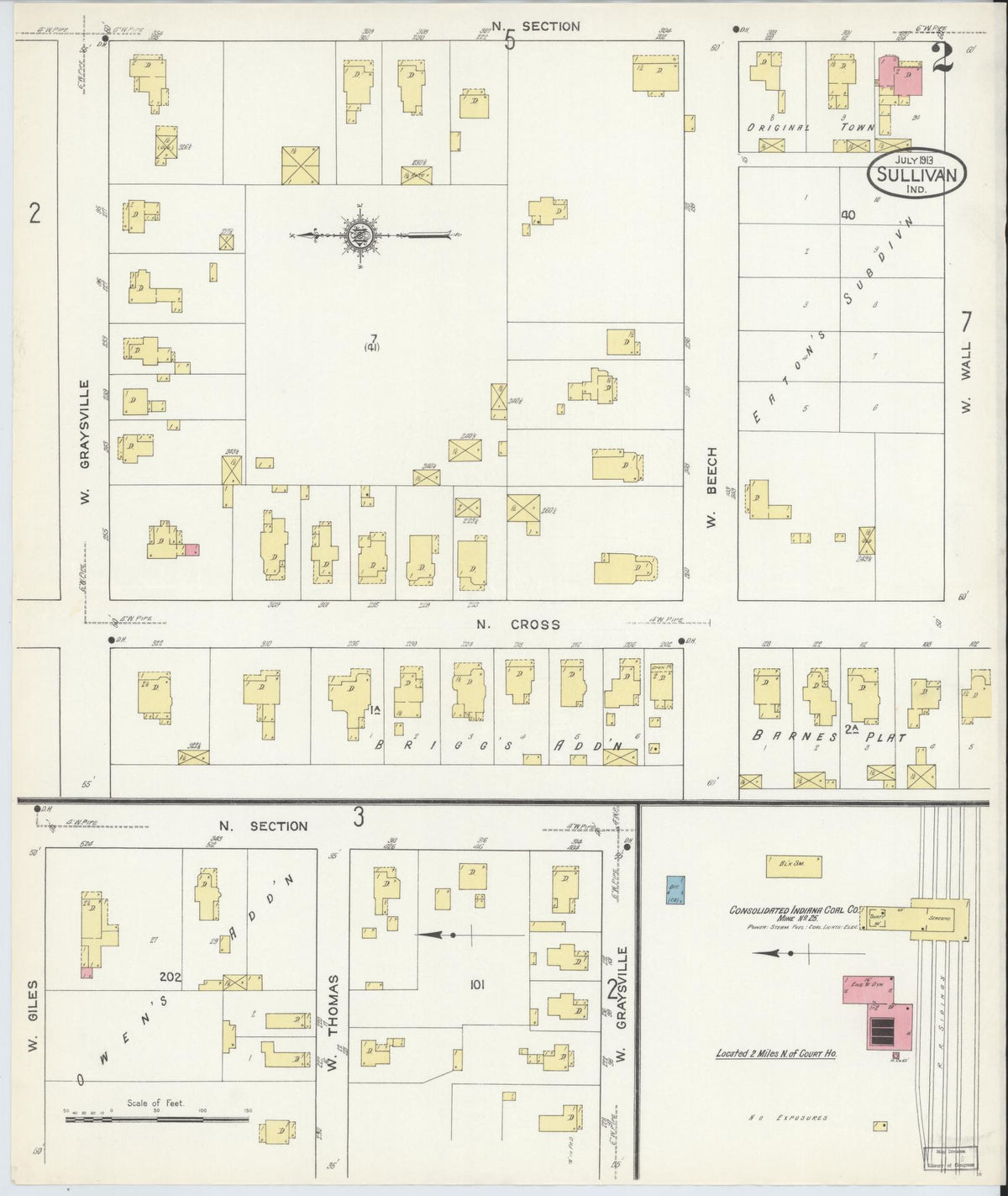 Sanborn Fire Insurance Map from Sullivan, Sullivan County, Indiana (1913), Sheet #0002 - Historic Sanborn Fire Insurance Map Print, vintage old map wall art, antique decor, genealogy gift, Indiana Indiana map