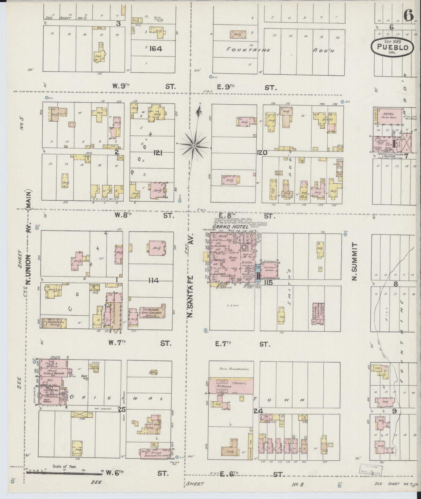 Sanborn Fire Insurance Map from Pueblo, Pueblo County, Colorado (1889), Sheet #0006 - Historic Sanborn Fire Insurance Map Print, vintage old map wall art, antique decor, genealogy gift, Colorado Colorado map