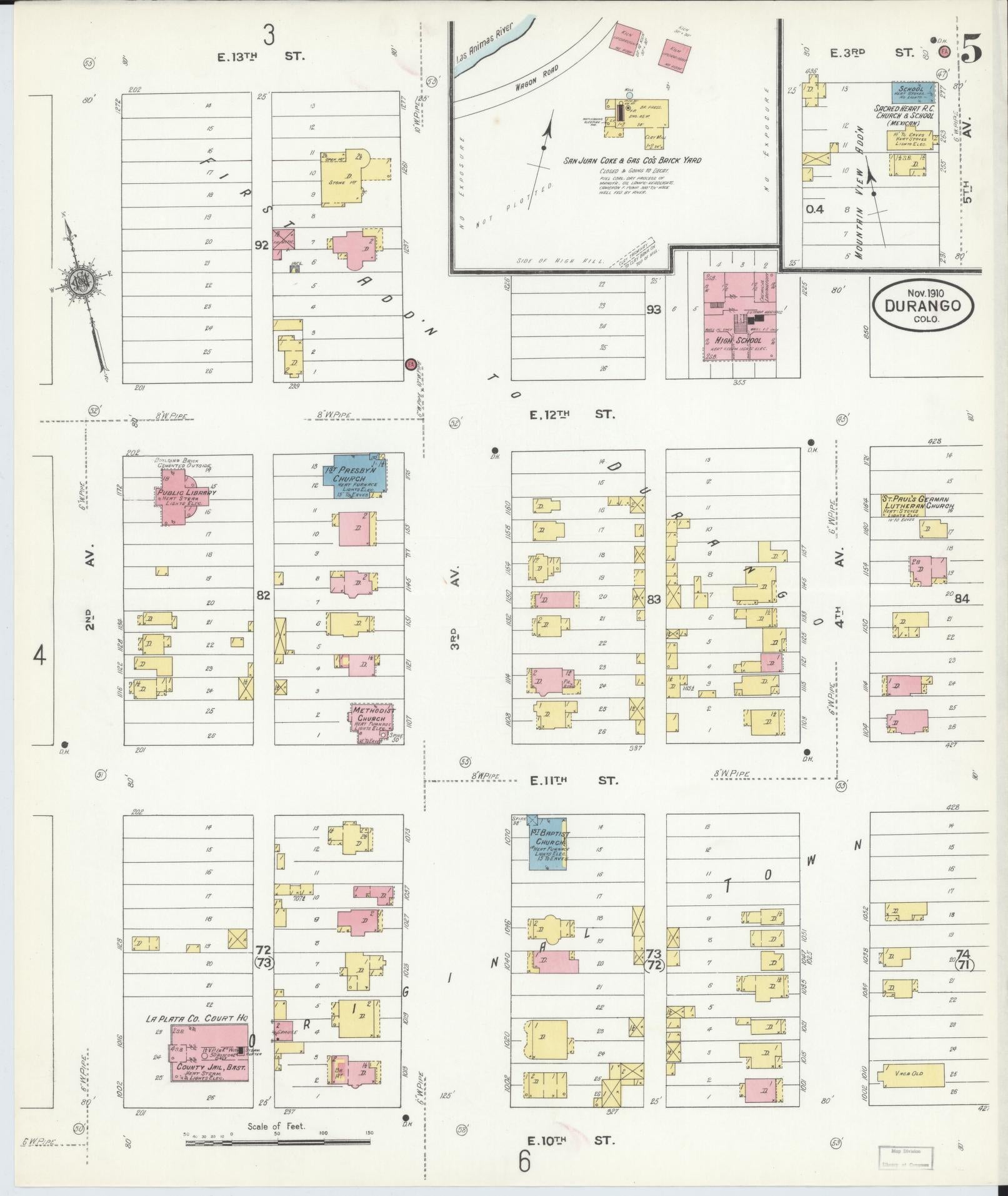 Sanborn Fire Insurance Map from Durango, La Plata County, Colorado (1910), Sheet #0005 - Historic Sanborn Fire Insurance Map Print, vintage old map wall art, antique decor, genealogy gift, Colorado Colorado map