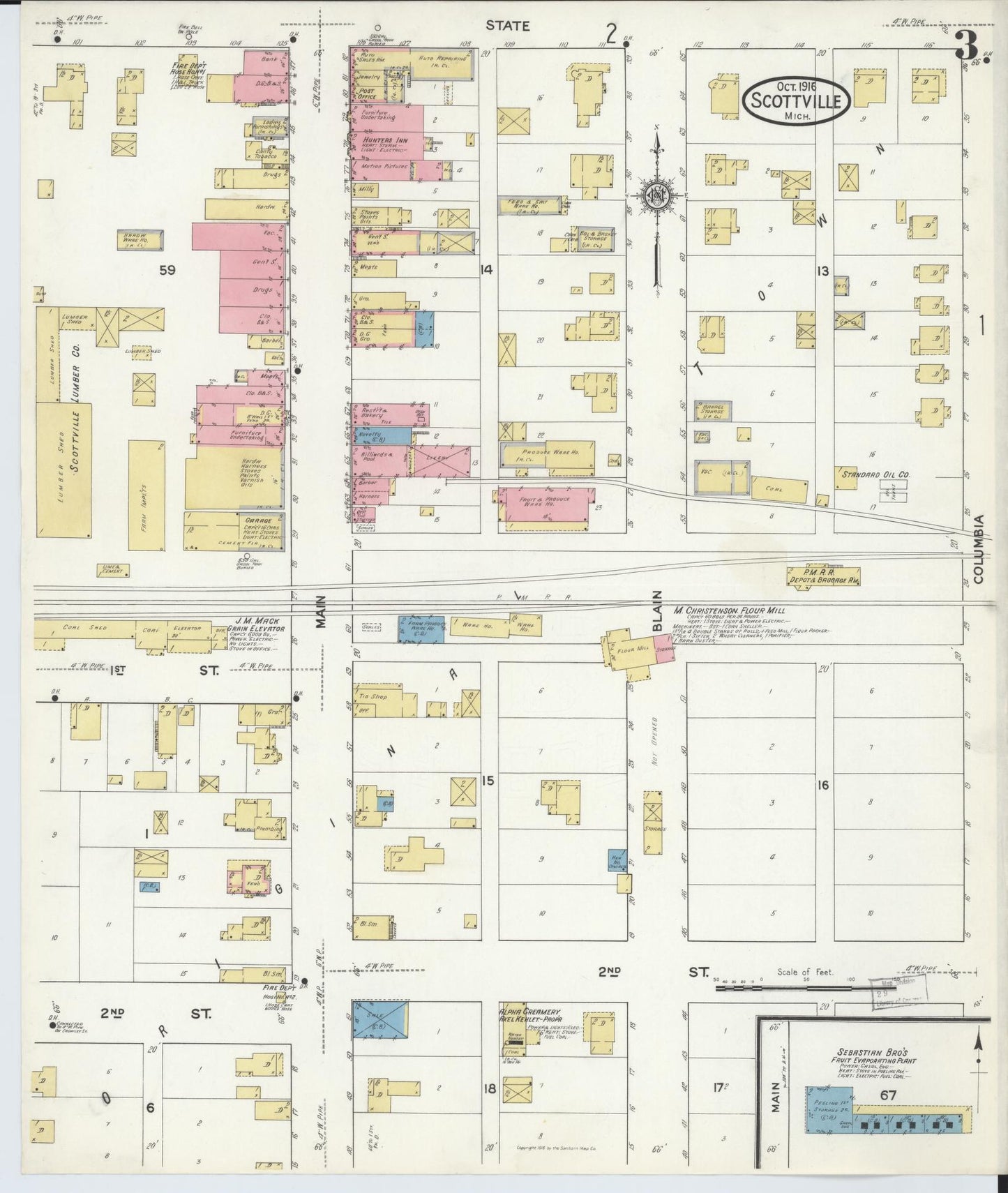 Sanborn Fire Insurance Map from Scottville, Mason County, Michigan (1916), Sheet #0003 - Historic Sanborn Fire Insurance Map Print, vintage old map wall art, antique decor, genealogy gift, Michigan Michigan map