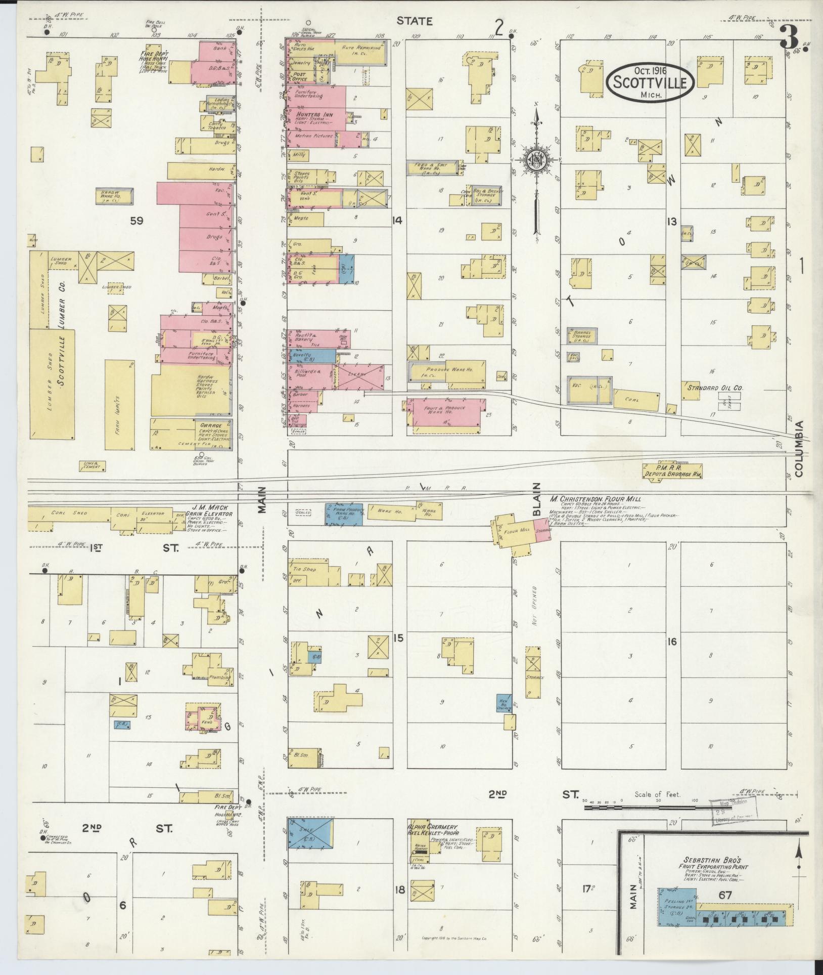 Sanborn Fire Insurance Map from Scottville, Mason County, Michigan (1916), Sheet #0003 - Historic Sanborn Fire Insurance Map Print, vintage old map wall art, antique decor, genealogy gift, Michigan Michigan map