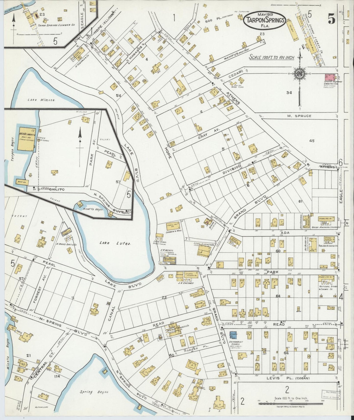 Sanborn Fire Insurance Map from Tarpon Springs, Pinellas County, Florida (1919), Sheet #0005 - Complete Map Set gallery image, historic Sanborn map, vintage wall art, Florida Florida