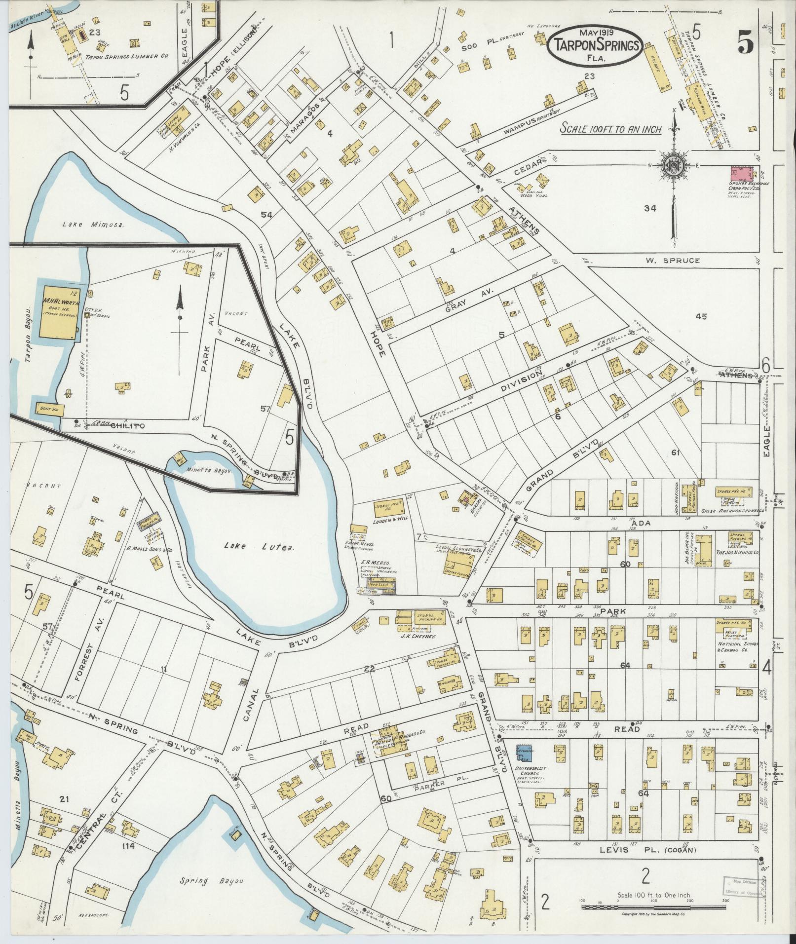 Sanborn Fire Insurance Map from Tarpon Springs, Pinellas County, Florida (1919), Sheet #0005 - Complete Map Set gallery image, historic Sanborn map, vintage wall art, Florida Florida