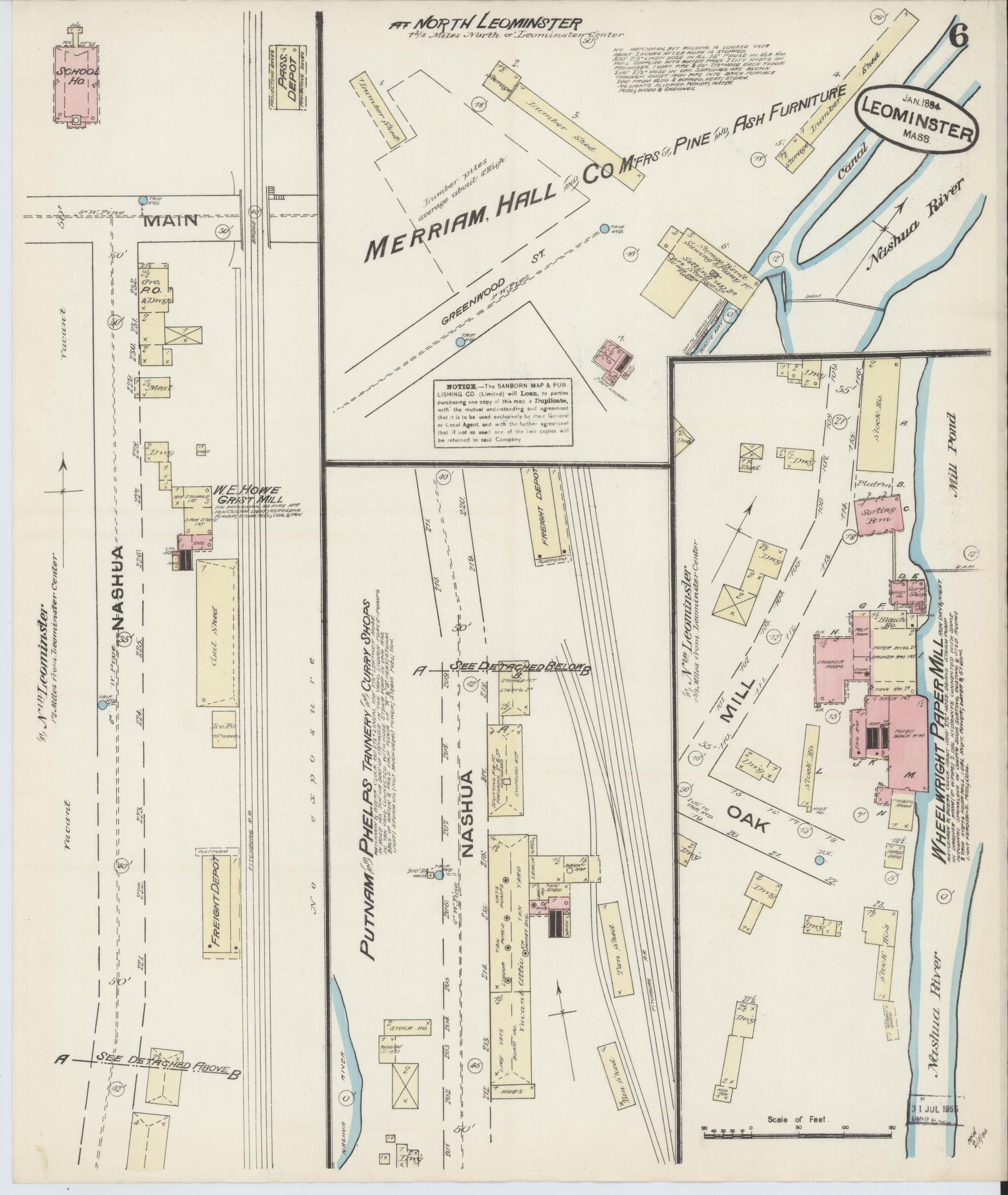 Sanborn Fire Insurance Map from Leominster, Worcester County, Massachusetts (1884), Sheet #0006 - Complete Map Set gallery image, historic Sanborn map, vintage wall art, Massachusetts Massachusetts