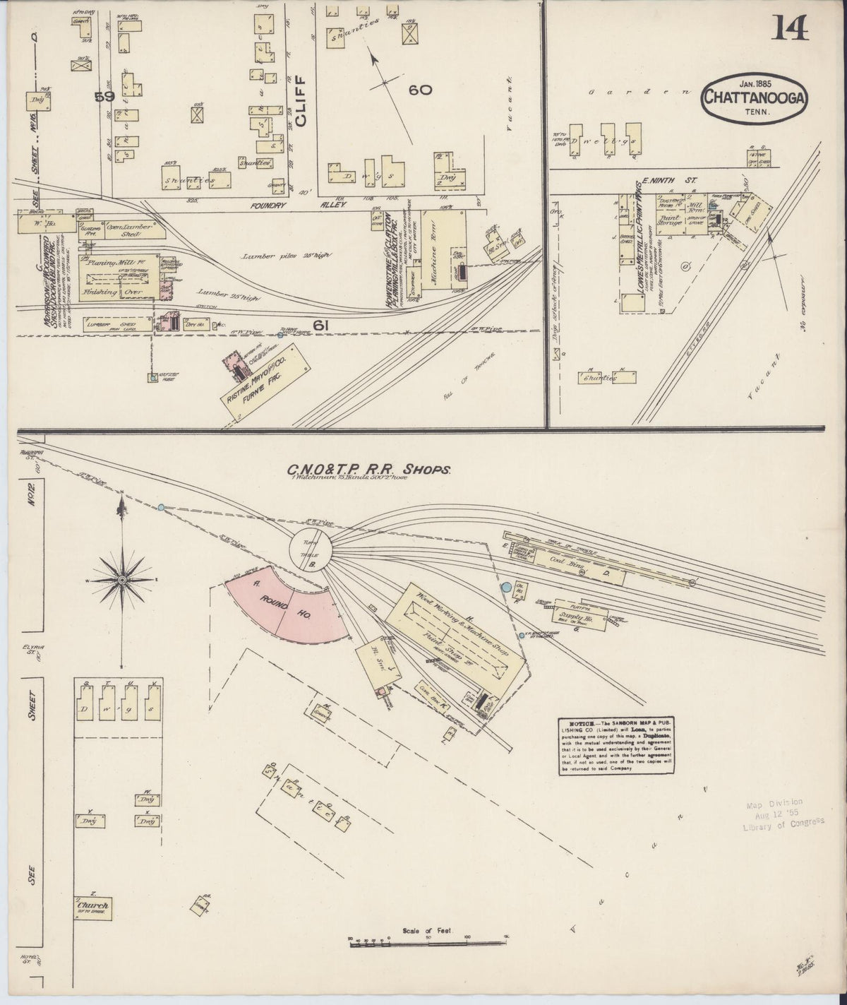 Sanborn Fire Insurance Map from Chattanooga, Hamilton County, Tennessee (1885), Sheet #0014 - Historic Sanborn Fire Insurance Map Print, vintage old map wall art, antique decor, genealogy gift, Tennessee Tennessee map
