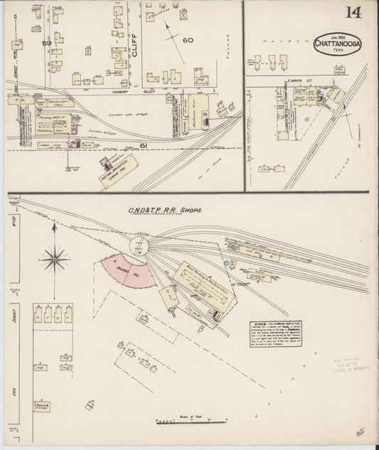 Sanborn Fire Insurance Map from Chattanooga, Hamilton County, Tennessee (1885), Sheet #0014 - Historic Sanborn Fire Insurance Map Print, vintage old map wall art, antique decor, genealogy gift, Tennessee Tennessee map