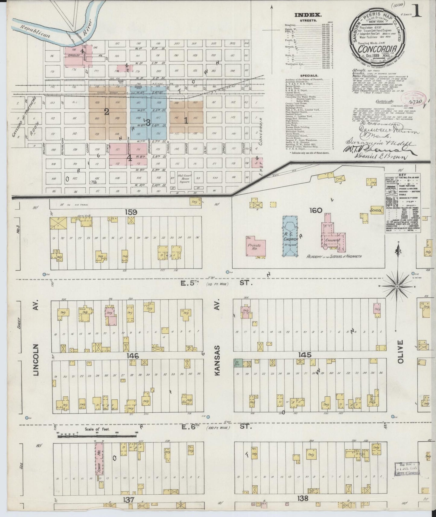 Sanborn Fire Insurance Map from Concordia, Cloud County, Kansas. (1889) – Historic Sanborn Fire Insurance Map Print
