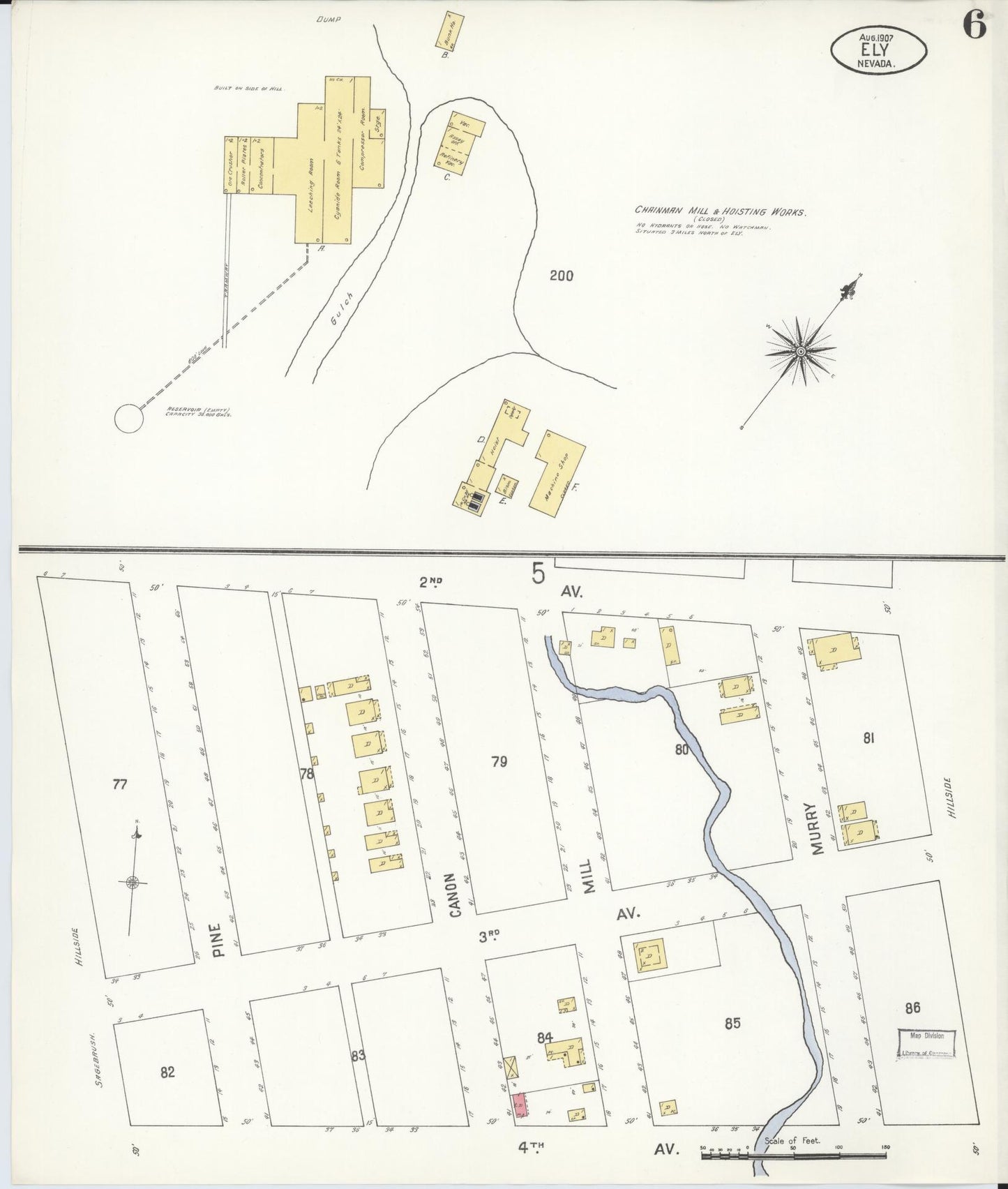 Sanborn Fire Insurance Map from Ely, White Pine County, Nevada (1907), Sheet #0006 - Historic Sanborn Fire Insurance Map Print, vintage old map wall art, antique decor, genealogy gift, Nevada Nevada map