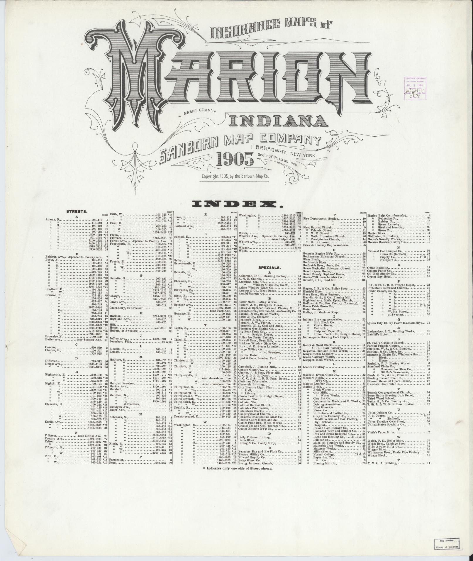 Sanborn Fire Insurance Map from Marion, Grant County, Indiana (1905), Sheet #0001 - Historic Sanborn Fire Insurance Map Print, vintage old map wall art, antique decor, genealogy gift, Indiana Indiana map