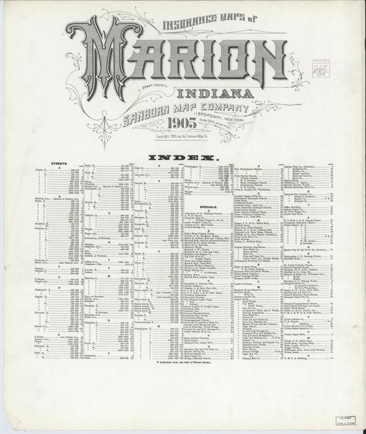 Sanborn Fire Insurance Map from Marion, Grant County, Indiana (1905), Sheet #0001 - Historic Sanborn Fire Insurance Map Print, vintage old map wall art, antique decor, genealogy gift, Indiana Indiana map