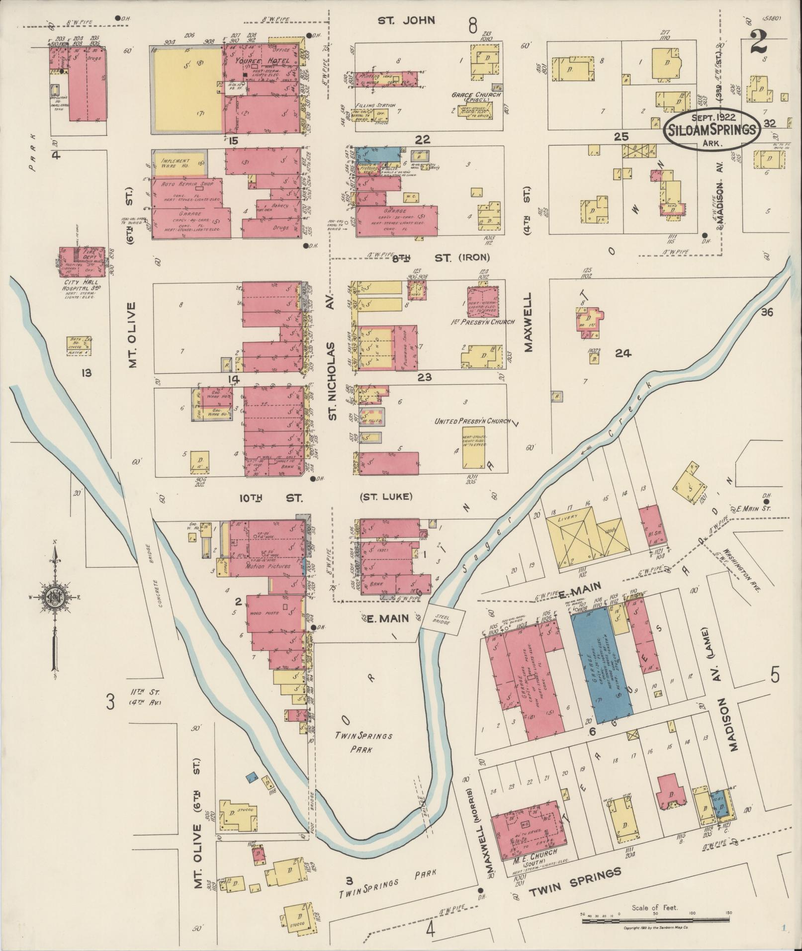 Sanborn Fire Insurance Map from Siloam Springs, Benton County, Arkansas (1922), Sheet #0002 - Complete Map Set gallery image, historic Sanborn map, vintage wall art, Arkansas Arkansas