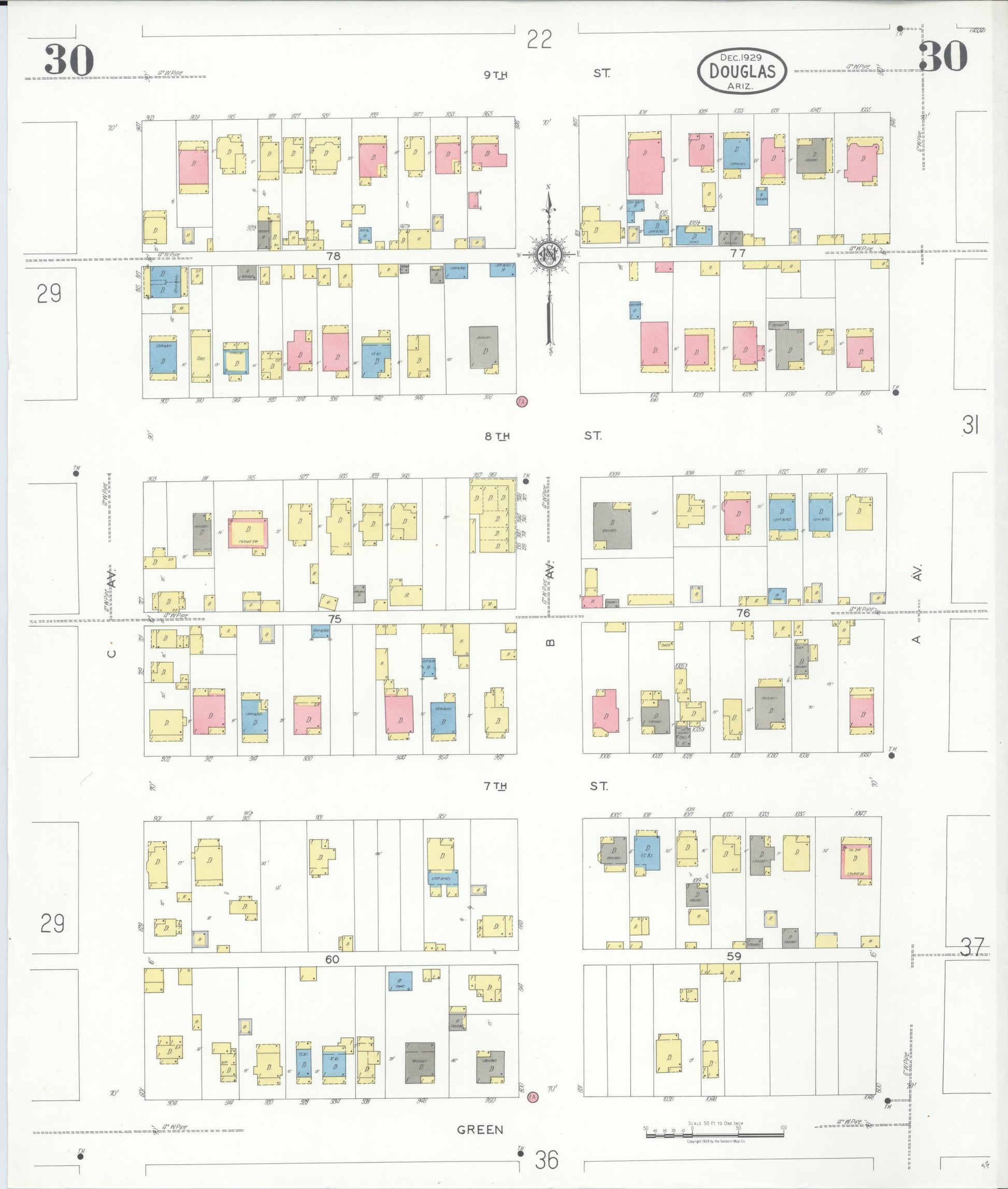Sanborn Fire Insurance Map from Douglas, Cochise County, Arizona (1929), Sheet #0030 - Historic Sanborn Fire Insurance Map Print, vintage old map wall art, antique decor, genealogy gift, Arizona Arizona map