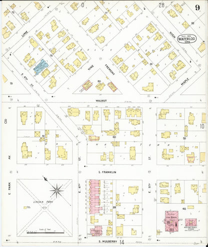 Sanborn Fire Insurance Map from Waterloo, Black Hawk County, Iowa (1900), Sheet #0009 - Historic Sanborn Fire Insurance Map Print, vintage old map wall art
