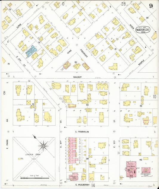 Sanborn Fire Insurance Map from Waterloo, Black Hawk County, Iowa (1900), Sheet #0009 - Historic Sanborn Fire Insurance Map Print, vintage old map wall art