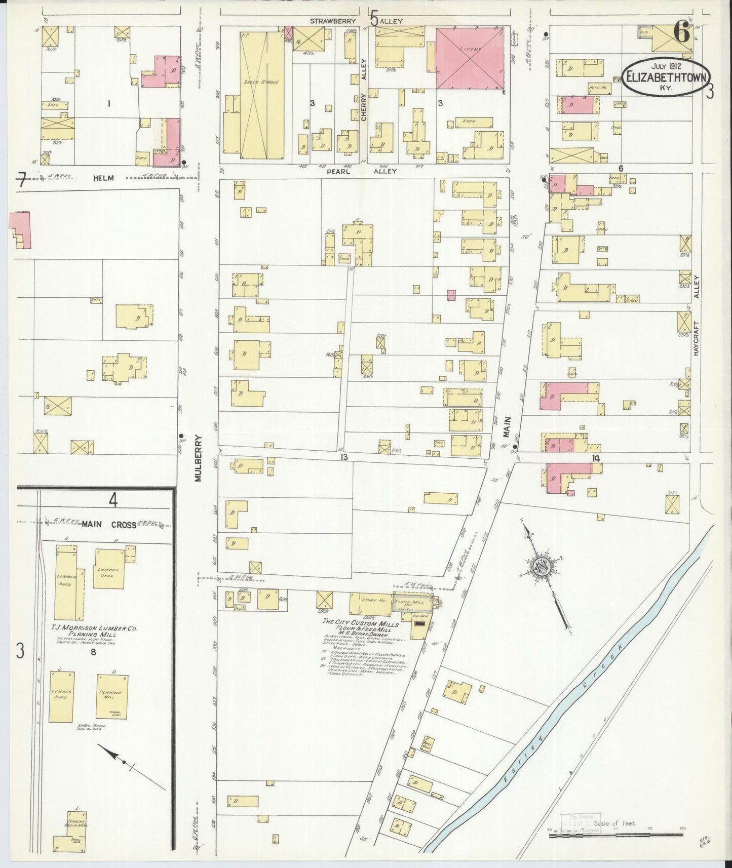 Sanborn Fire Insurance Map from Elizabethtown, Hardin County, Kentucky (1912), Sheet #0006 - Historic Sanborn Fire Insurance Map Print, vintage old map wall art, antique decor, genealogy gift, Kentucky Kentucky map