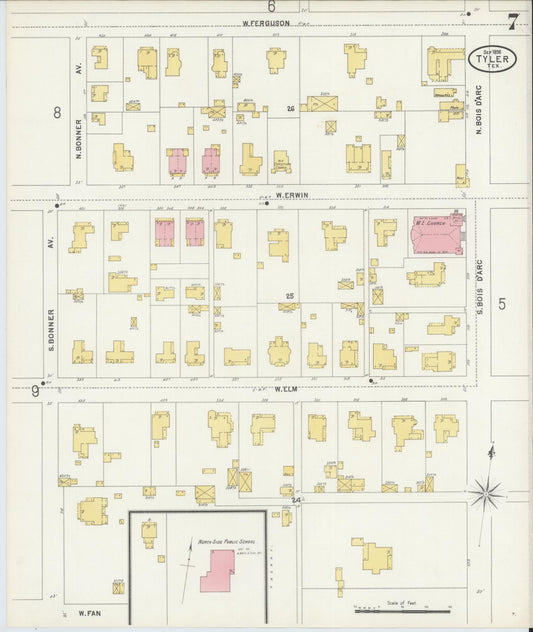 Sanborn Fire Insurance Map from Tyler, Smith County, Texas (1898), Sheet #0007 - Historic Sanborn Fire Insurance Map Print, vintage old map wall art, antique decor, genealogy gift, Texas Texas map