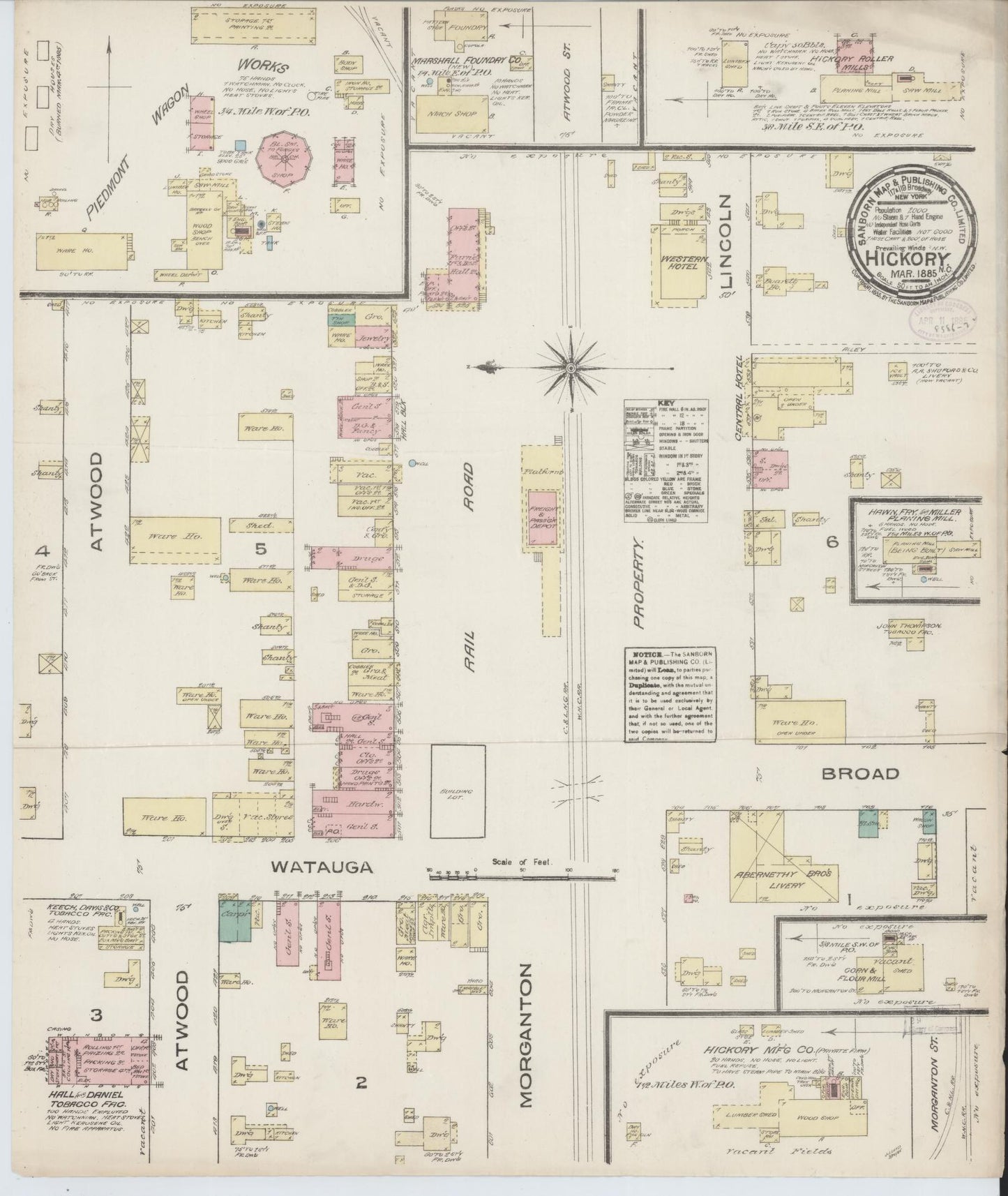 Sanborn Fire Insurance Map from Hickory, Catawba County, North Carolina (1885), Sheet #0001 - Historic Sanborn Fire Insurance Map Print, vintage old map wall art, antique decor, genealogy gift, North Carolina North Carolina map