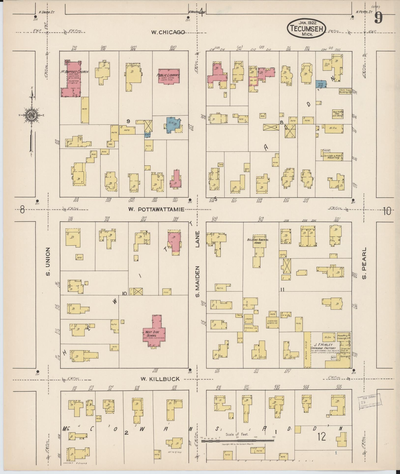 Sanborn Fire Insurance Map from Tecumseh, Lenawee County, Michigan (1922), Sheet #0009 - Historic Sanborn Fire Insurance Map Print, vintage old map wall art, antique decor, genealogy gift, Michigan Michigan map