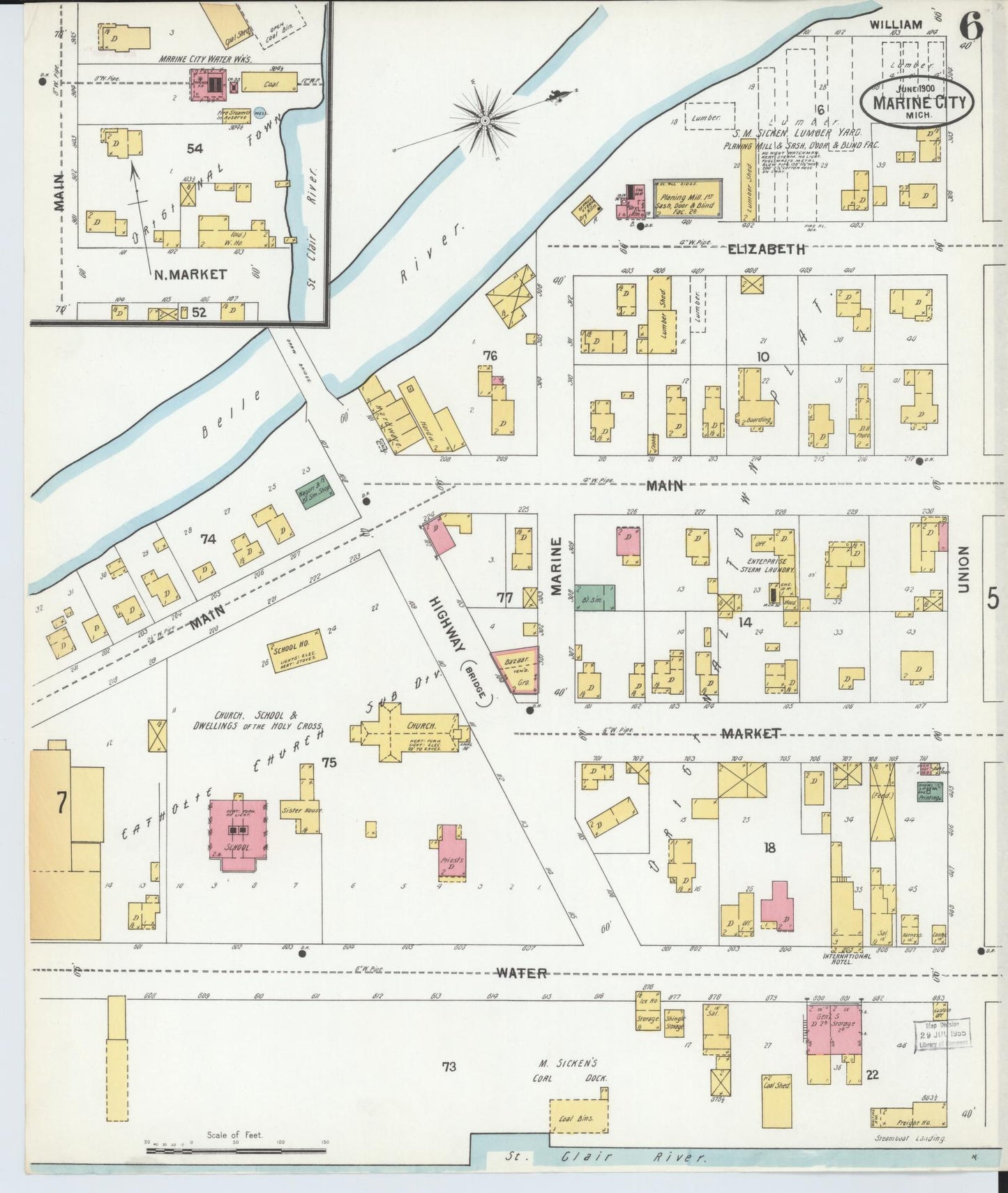 Sanborn Fire Insurance Map from Marine City, Saint Clair County, Michigan (1900), Sheet #0006 - Complete Map Set gallery image, historic Sanborn map, vintage wall art, Michigan Michigan