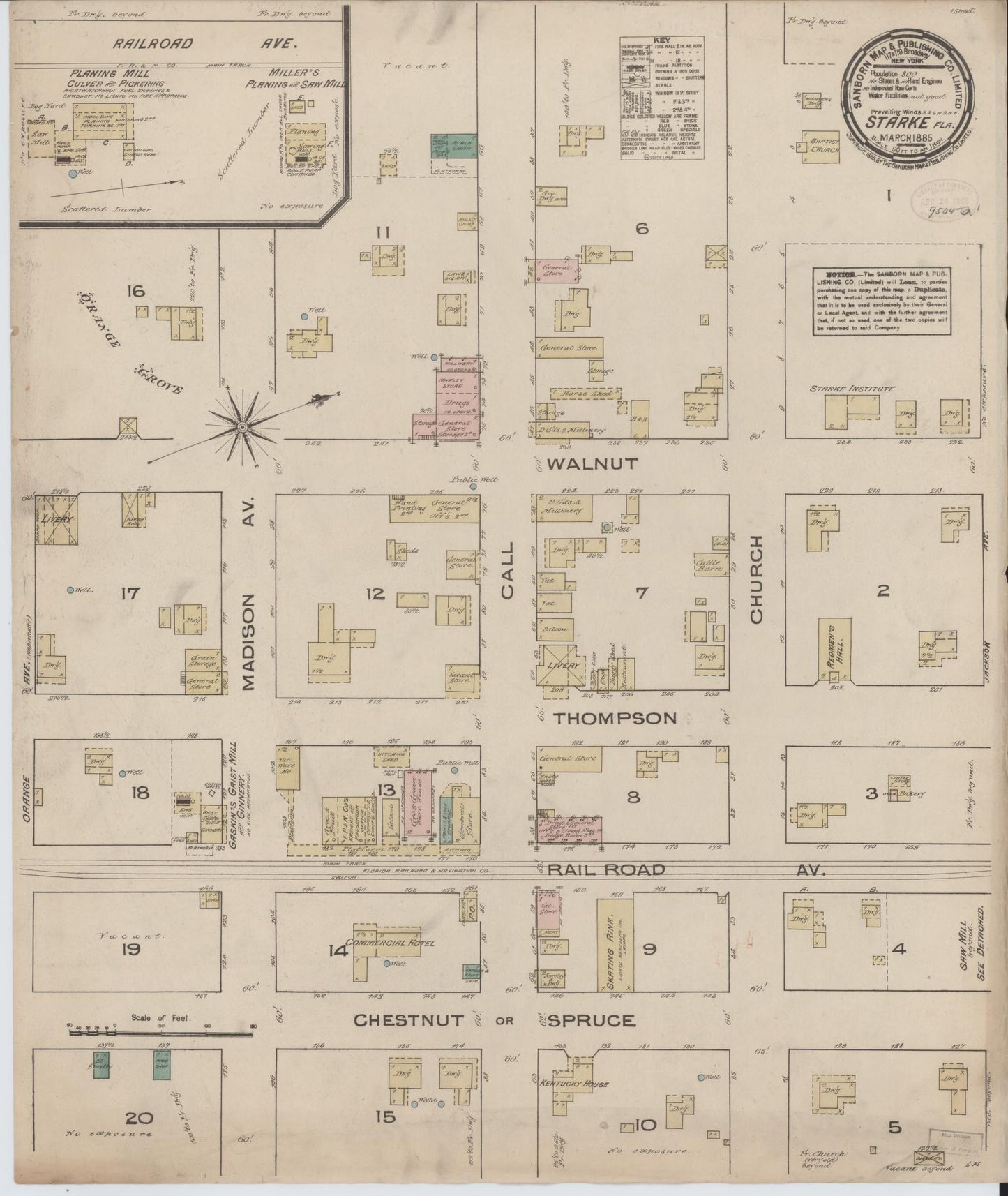 Sanborn Fire Insurance Map from Starke, Bradford County, Florida (1885), Sheet #0001 - Historic Sanborn Fire Insurance Map Print, vintage old map wall art, antique decor, genealogy gift, Florida Florida map