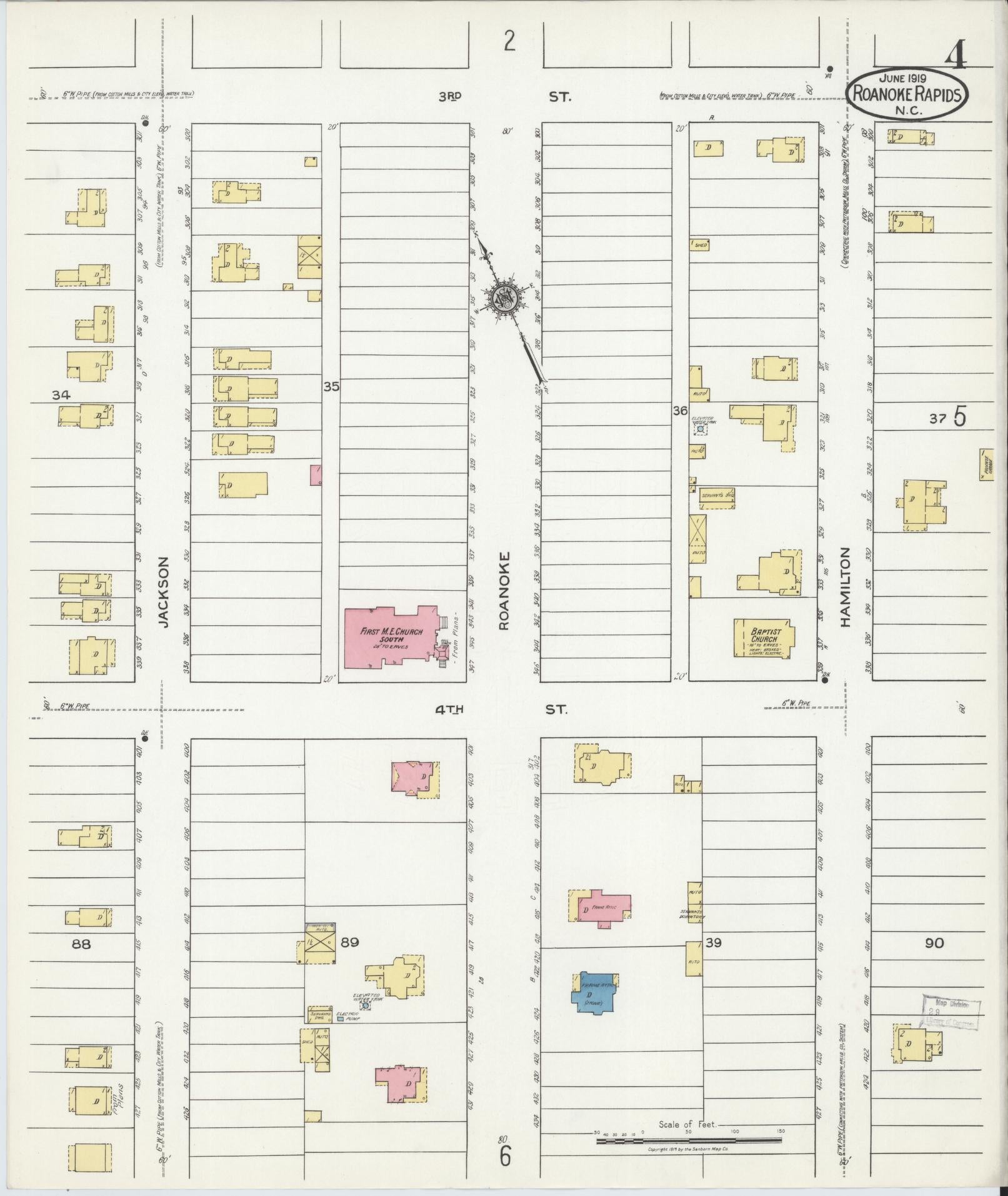 Sanborn Fire Insurance Map from Roanoke Rapids, Halifax County, North Carolina (1919), Sheet #0004 - Complete Map Set gallery image, historic Sanborn map, vintage wall art, North Carolina North Carolina