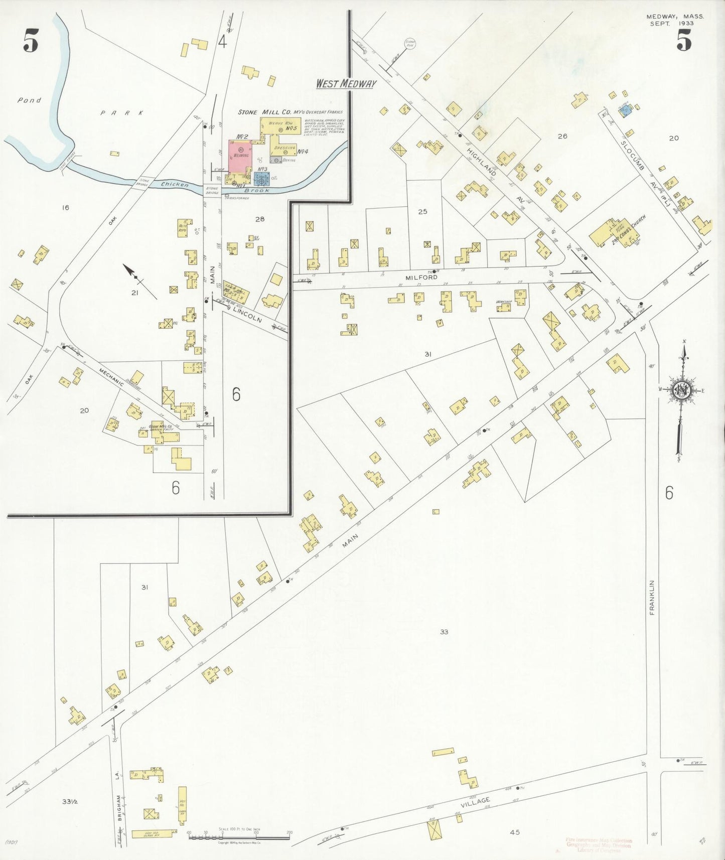 Sanborn Fire Insurance Map from Medway, Norfolk County, Massachusetts (1933), Sheet #0005 - Historic Sanborn Fire Insurance Map Print, vintage old map wall art, antique decor, genealogy gift, Massachusetts Massachusetts map