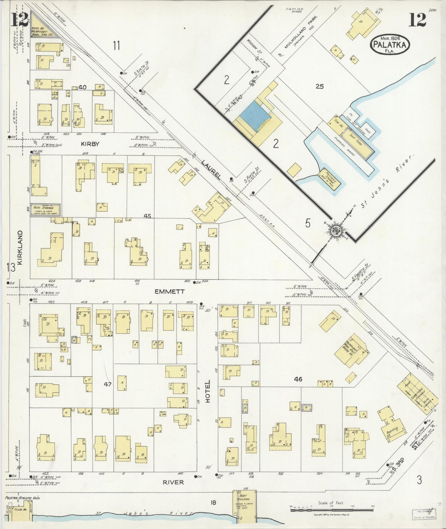 Sanborn Fire Insurance Map from Palatka, Putnam County, Florida (1924), Sheet #0012 - Complete Map Set gallery image, historic Sanborn map, vintage wall art, Florida Florida