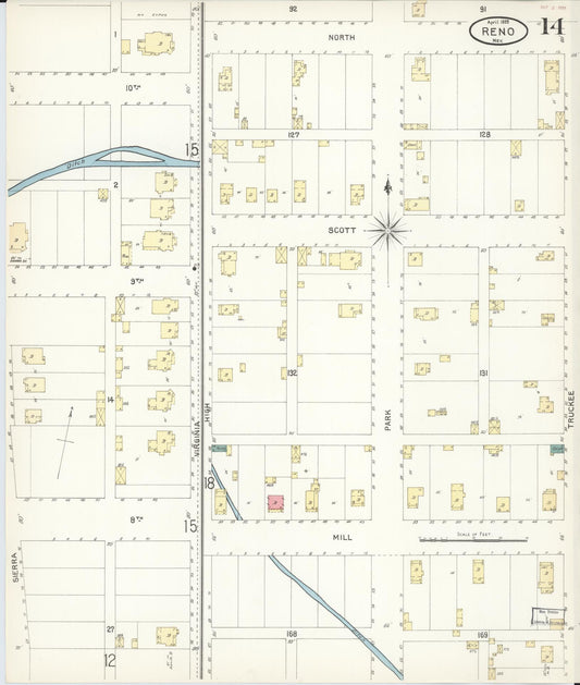 Sanborn Fire Insurance Map from Reno, Washoe County, Nevada (1899), Sheet #0014 - Historic Sanborn Fire Insurance Map Print, vintage old map wall art, antique decor, genealogy gift, Nevada Nevada map