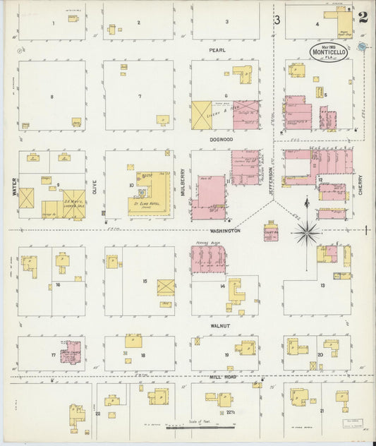 Sanborn Fire Insurance Map from Monticello, Jefferson County, Florida (1903), Sheet #0002 - Historic Sanborn Fire Insurance Map Print, vintage old map wall art, antique decor, genealogy gift, Florida Florida map