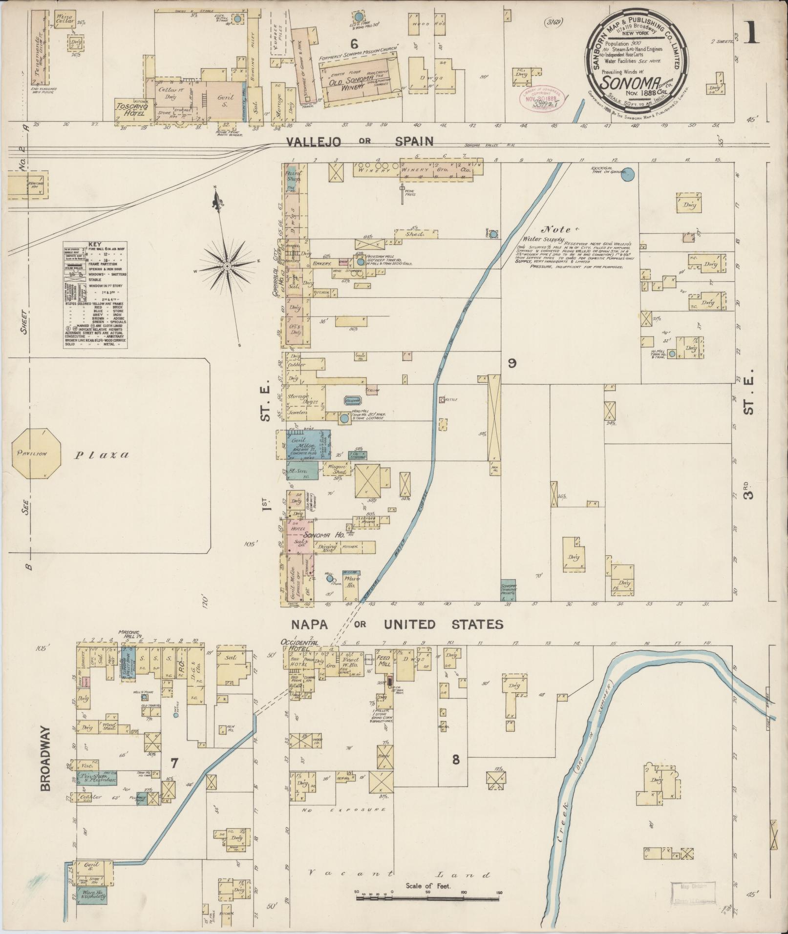 Sanborn Fire Insurance Map from Sonoma, Sonoma County, California (1888), Sheet #0001 - Complete Map Set gallery image, historic Sanborn map, vintage wall art, California California