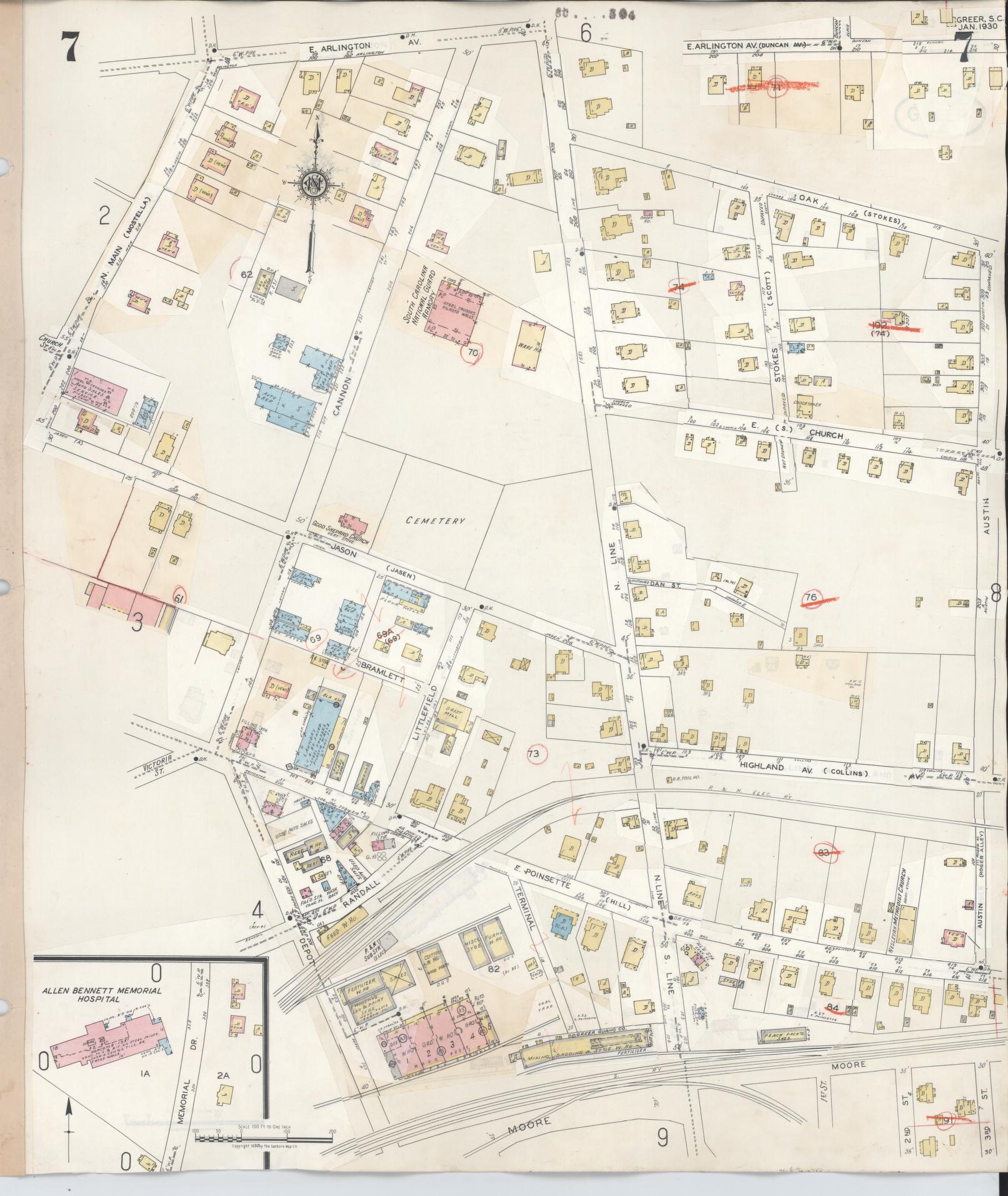Sanborn Fire Insurance Map from Greer, Greenville and Spartanburg Counties, South Carolina (1951), Sheet #0007 - Historic Sanborn Fire Insurance Map Print, vintage old map wall art, antique decor, genealogy gift, South Carolina South Carolina map