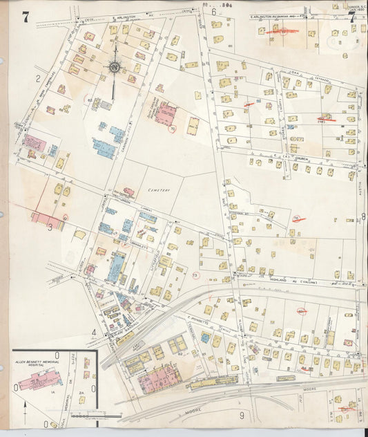 Sanborn Fire Insurance Map from Greer, Greenville and Spartanburg Counties, South Carolina (1951), Sheet #0007 - Historic Sanborn Fire Insurance Map Print, vintage old map wall art, antique decor, genealogy gift, South Carolina South Carolina map