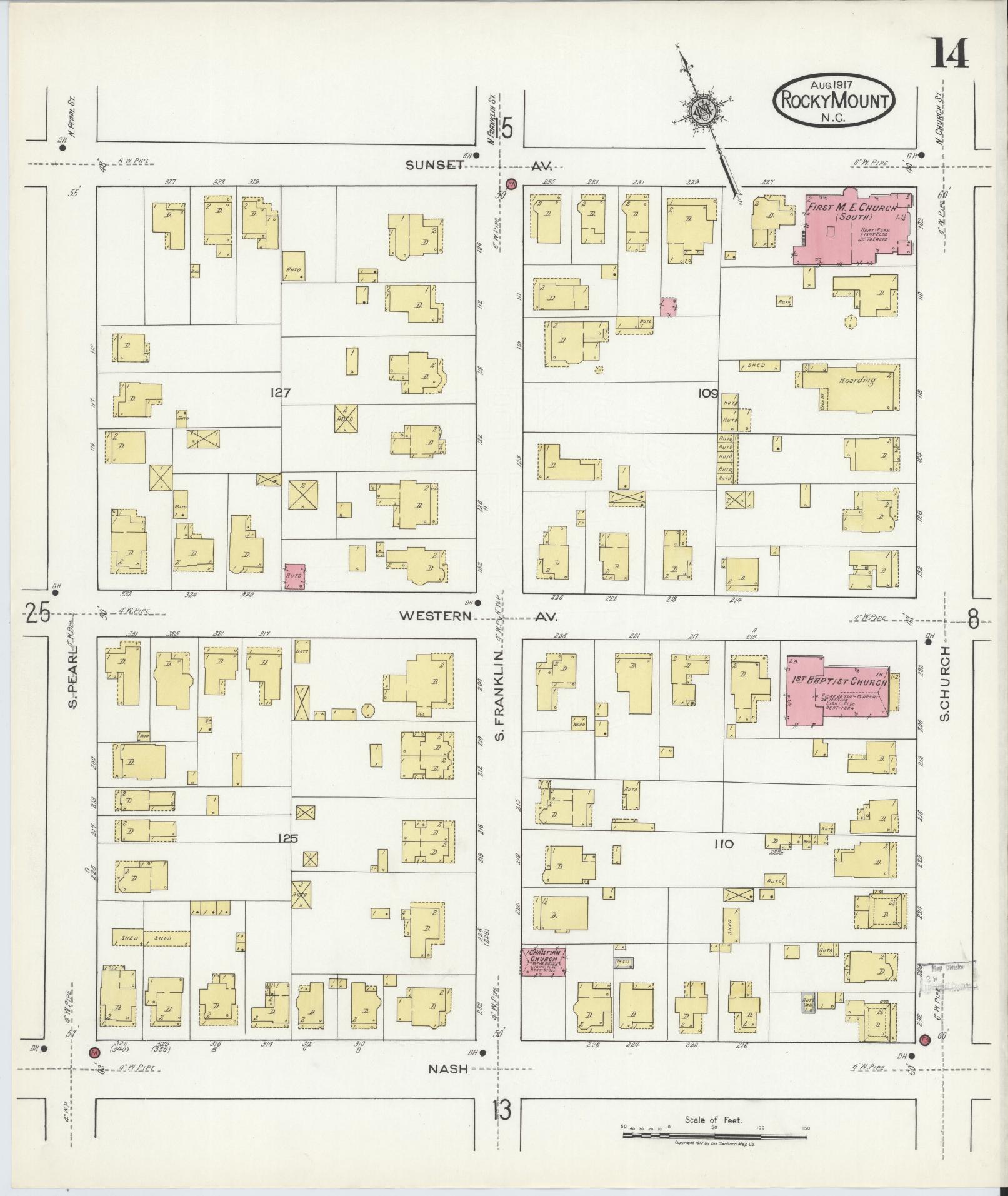 Sanborn Fire Insurance Map from Rocky Mount, Edgecombe And Nash Counties, North Carolina (1917), Sheet #0014 - Historic Sanborn Fire Insurance Map Print, vintage old map wall art, antique decor, genealogy gift, North Carolina North Carolina map