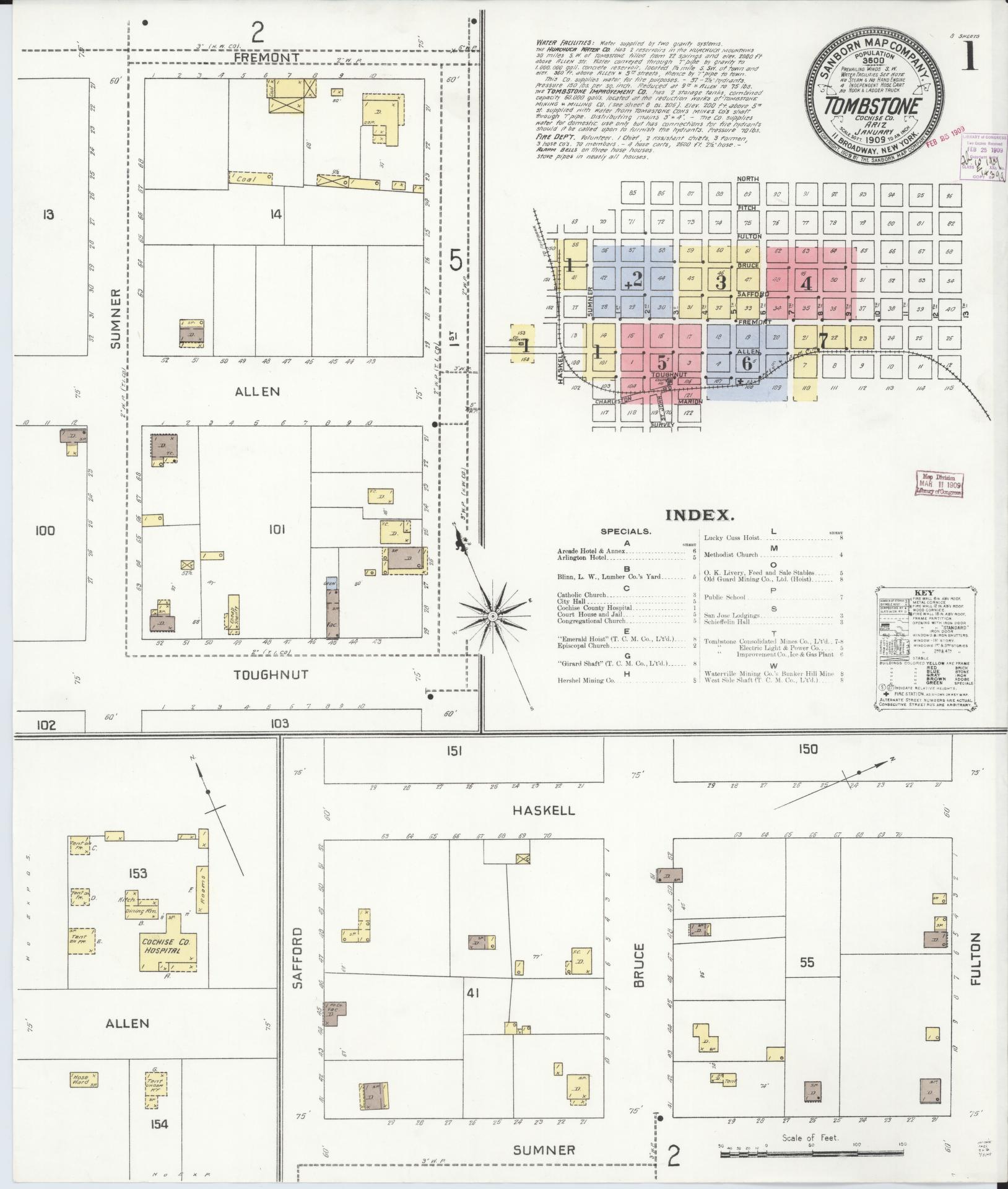 Sanborn Fire Insurance Map from Tombstone, Cochise County, Arizona (1909), Sheet #0001 - Complete Map Set gallery image, historic Sanborn map, vintage wall art, Arizona Arizona