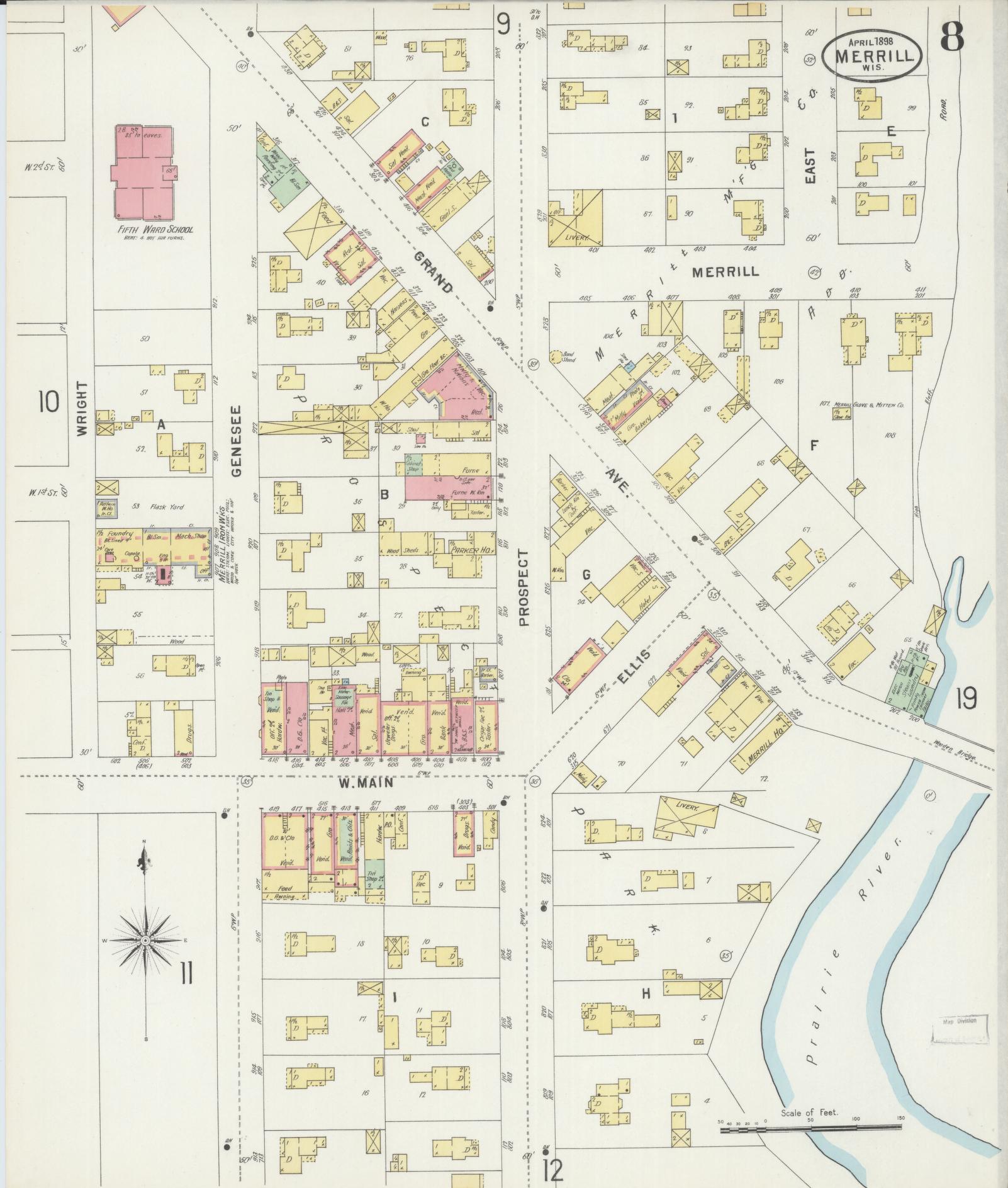 Sanborn Fire Insurance Map from Merrill, Lincoln County, Wisconsin (1898), Sheet #0008 - Historic Sanborn Fire Insurance Map Print, vintage old map wall art, antique decor, genealogy gift, Wisconsin Wisconsin map