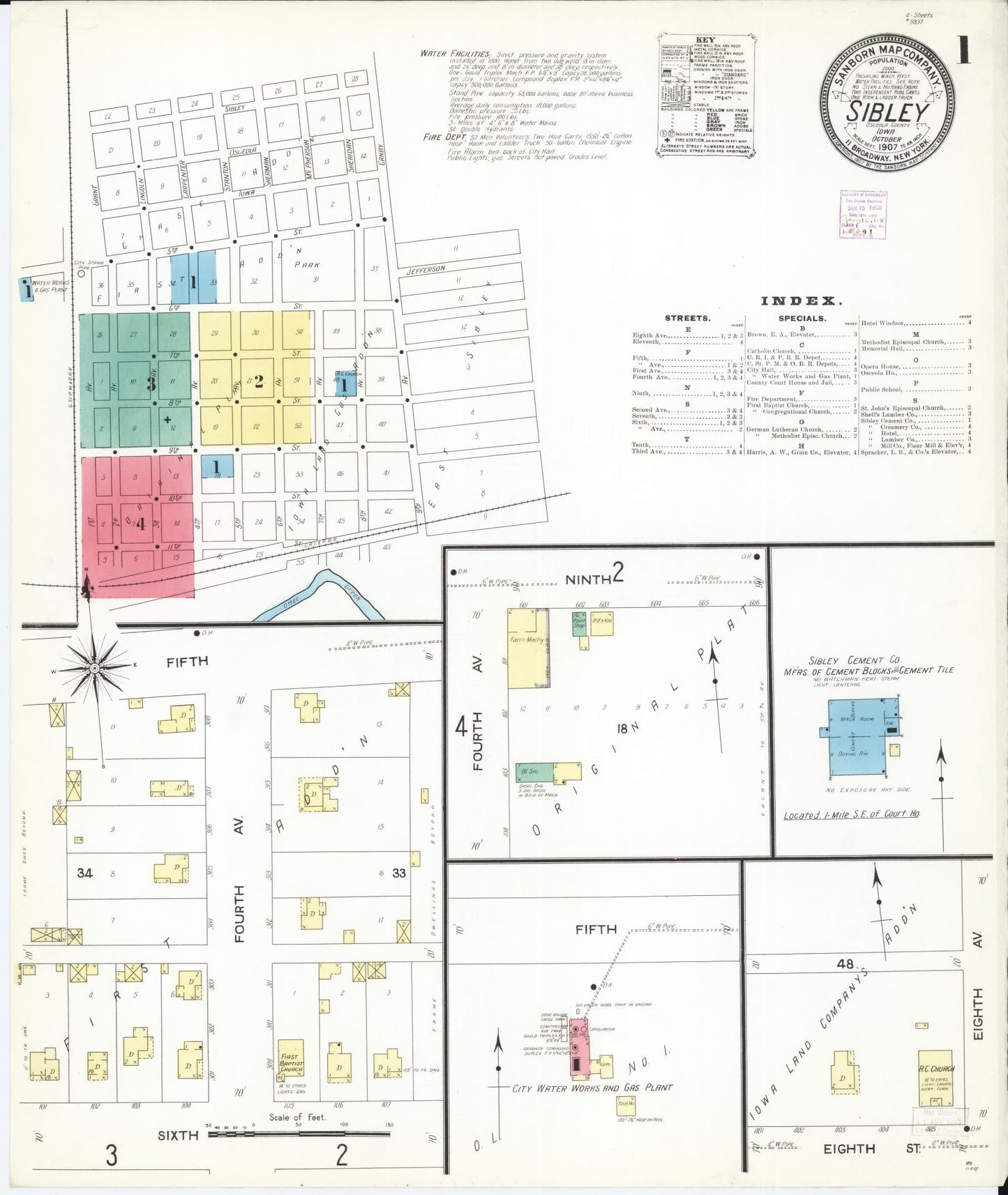 Sanborn Fire Insurance Map from Sibley, Osceola County, Iowa (1907), Sheet #0001 - Historic Sanborn Fire Insurance Map Print, vintage old map wall art