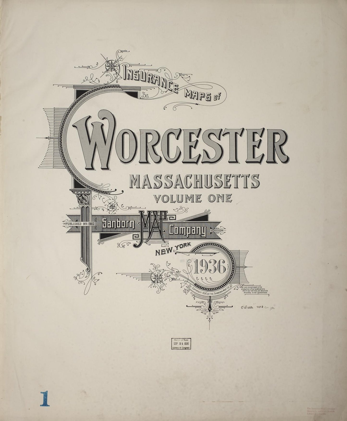 Sanborn Fire Insurance Map from Worcester, Worcester County, Massachusetts (1936), Sheet #0001 - Complete Map Set gallery image, historic Sanborn map, vintage wall art, Massachusetts Massachusetts