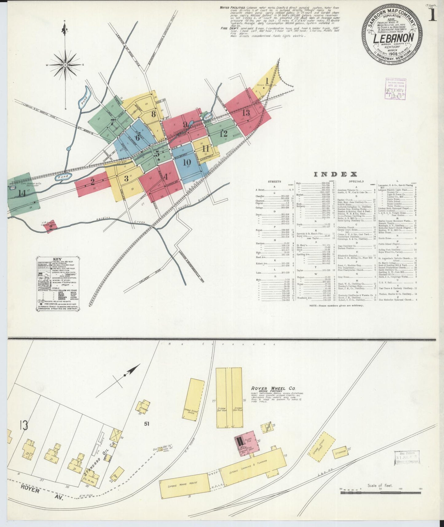 Sanborn Fire Insurance Map from Lebanon, Marion County, Kentucky (1908), Sheet #0001 - Complete Map Set gallery image, historic Sanborn map, vintage wall art, Kentucky Kentucky