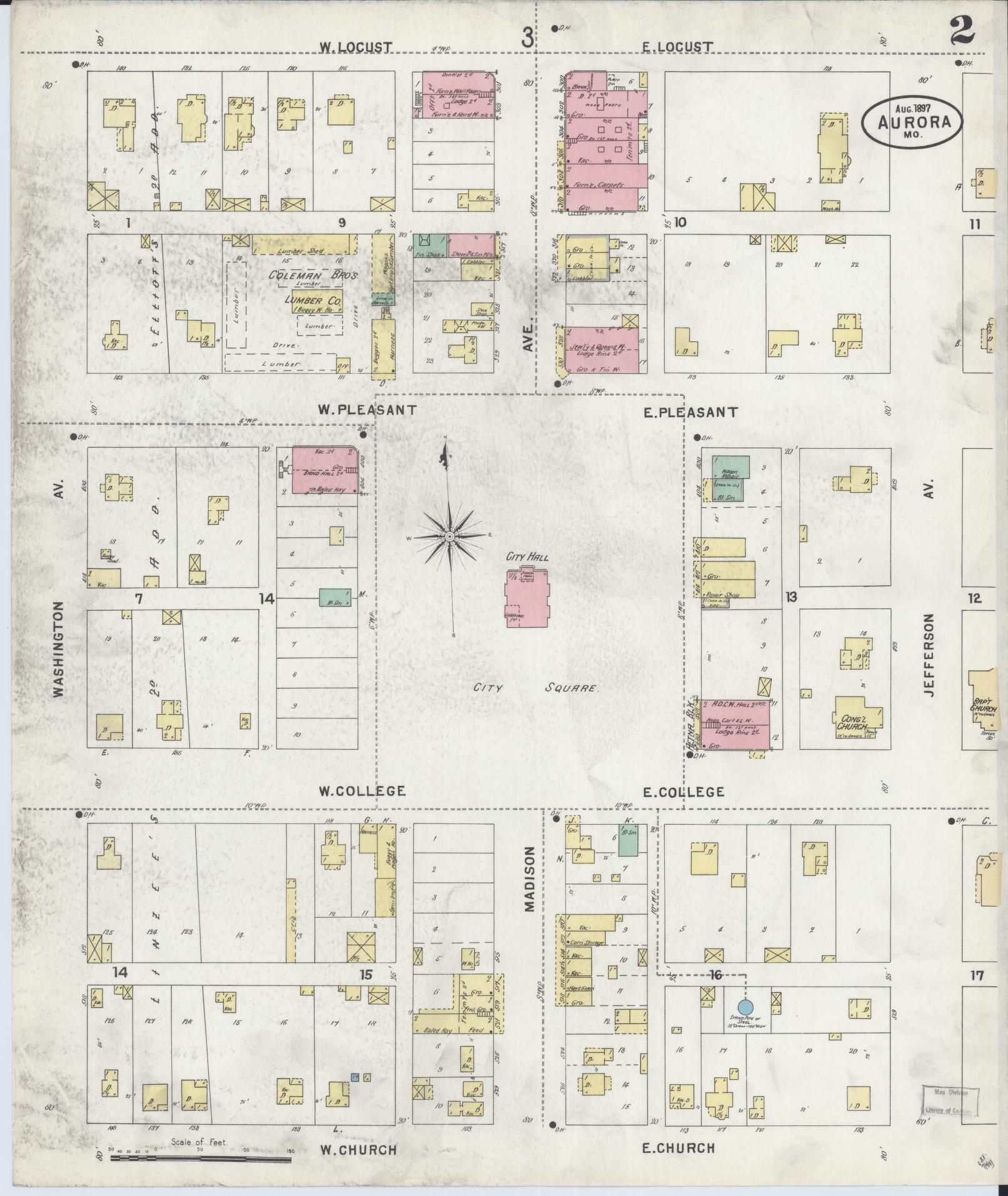 Sanborn Fire Insurance Map from Aurora, Lawrence County, Missouri (1897), Sheet #0002 - Complete Map Set gallery image, historic Sanborn map, vintage wall art, Missouri Missouri