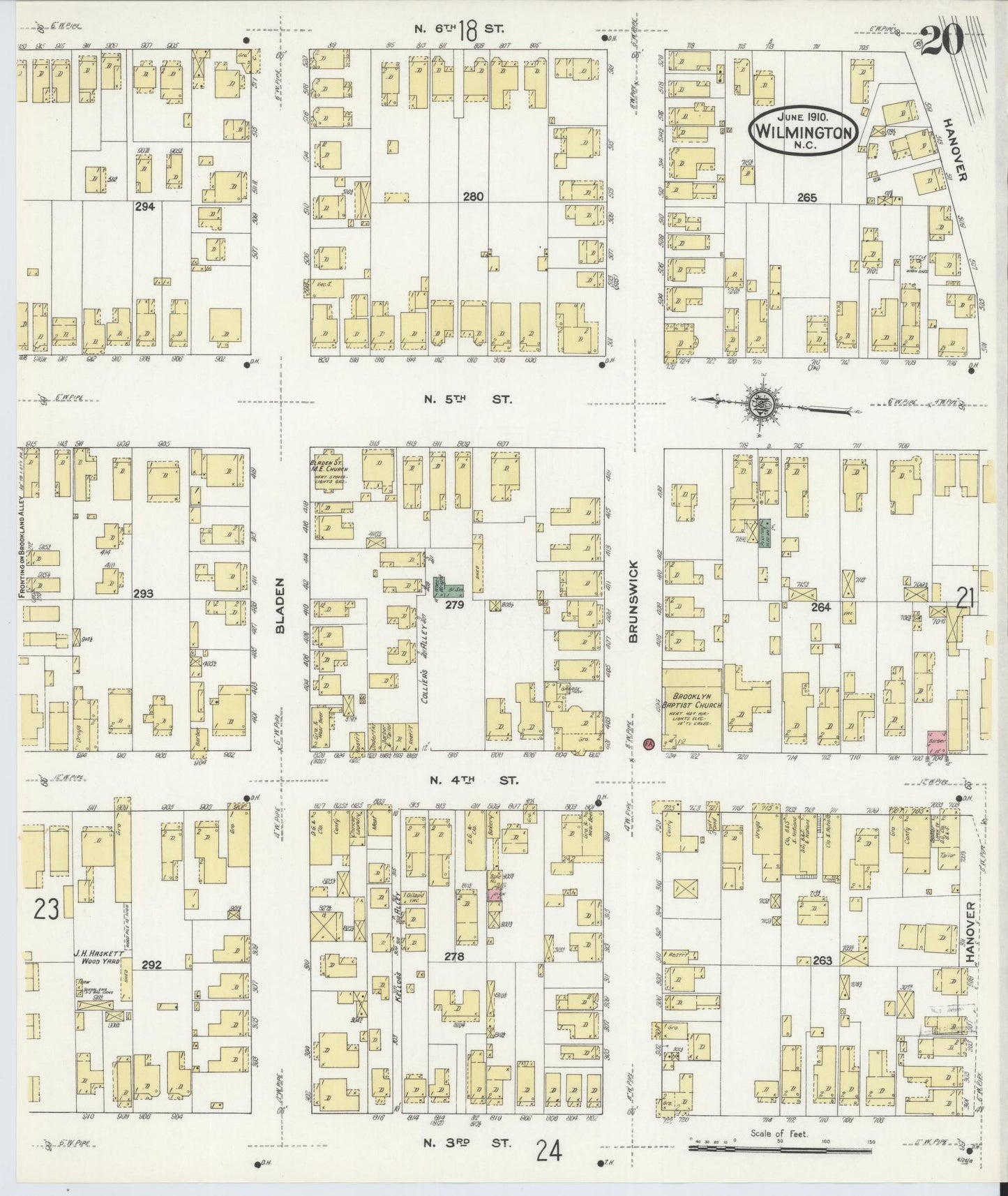 Sanborn Fire Insurance Map from Wilmington, New Hanover County, North Carolina (1910), Sheet #0020 - Complete Map Set gallery image, historic Sanborn map, vintage wall art, North Carolina North Carolina