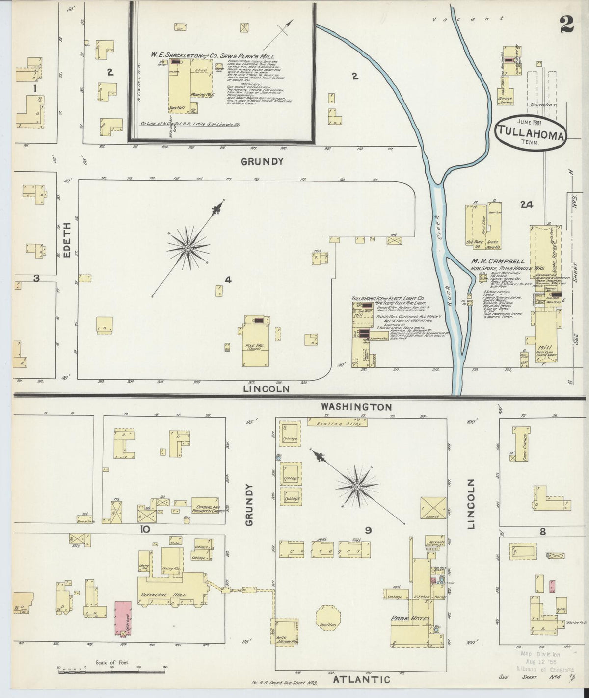 Sanborn Fire Insurance Map from Tullahoma, Coffee County, Tennessee (1891), Sheet #0002 - Complete Map Set gallery image, historic Sanborn map, vintage wall art, Tennessee Tennessee