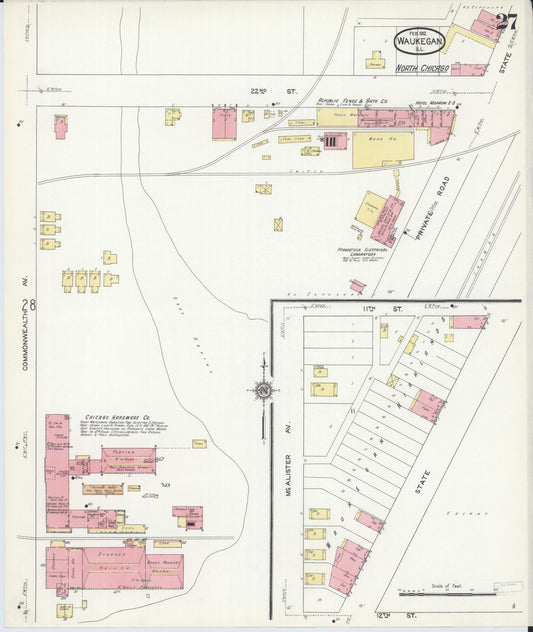 Sanborn Fire Insurance Map from Waukegan, Lake County, Illinois (1912), Sheet #0027 - Historic Sanborn Fire Insurance Map Print, vintage old map wall art, antique decor, genealogy gift, Illinois Illinois map