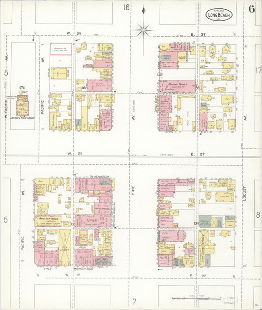 Sanborn Fire Insurance Map from Long Beach, Los Angeles County, California (1905), Sheet #0006 - Historic Sanborn Fire Insurance Map Print, vintage old map wall art, antique decor, genealogy gift, California California map