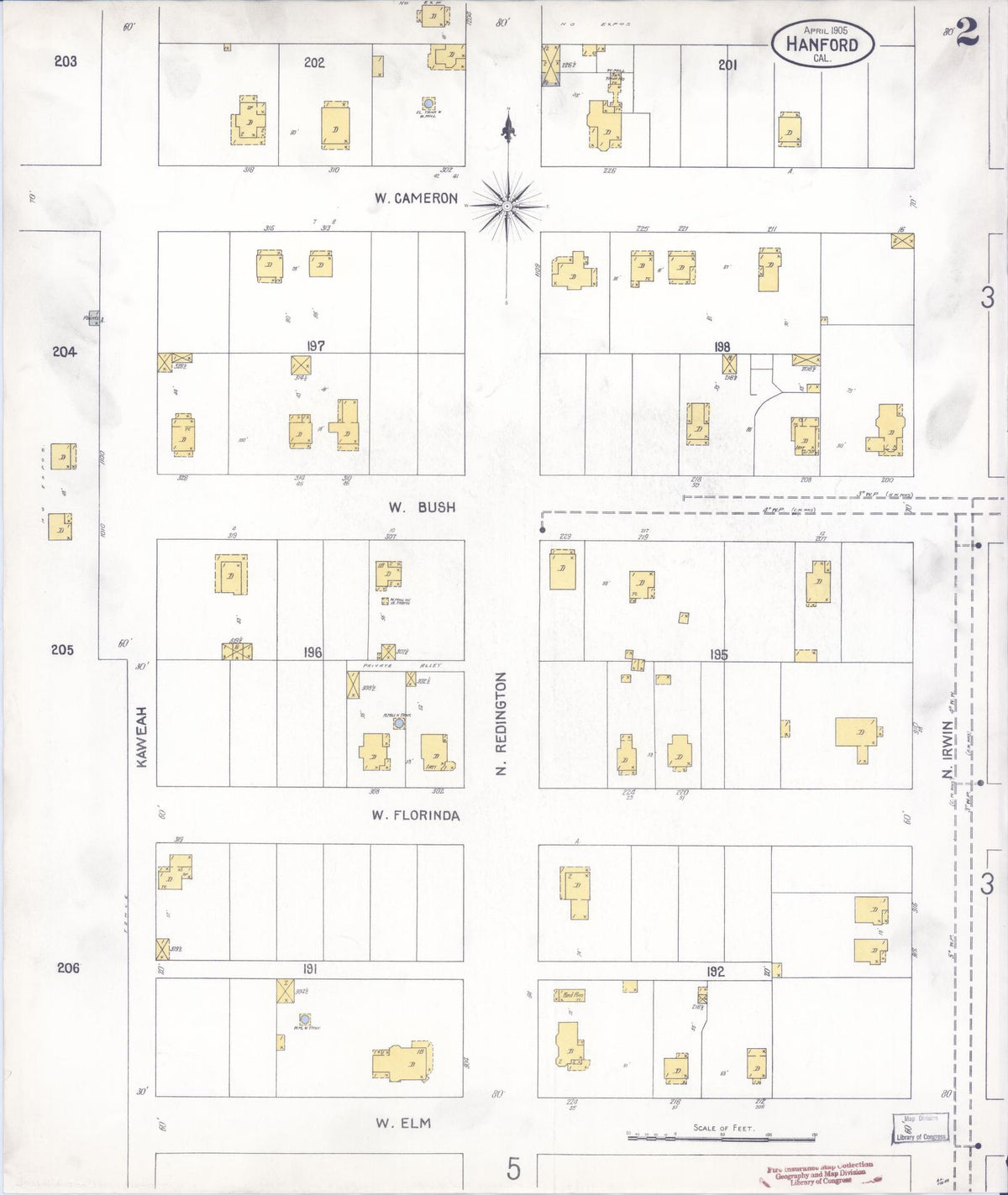 Sanborn Fire Insurance Map from Hanford, Kings County, California (1905), Sheet #0002 - Complete Map Set gallery image, historic Sanborn map, vintage wall art, California California
