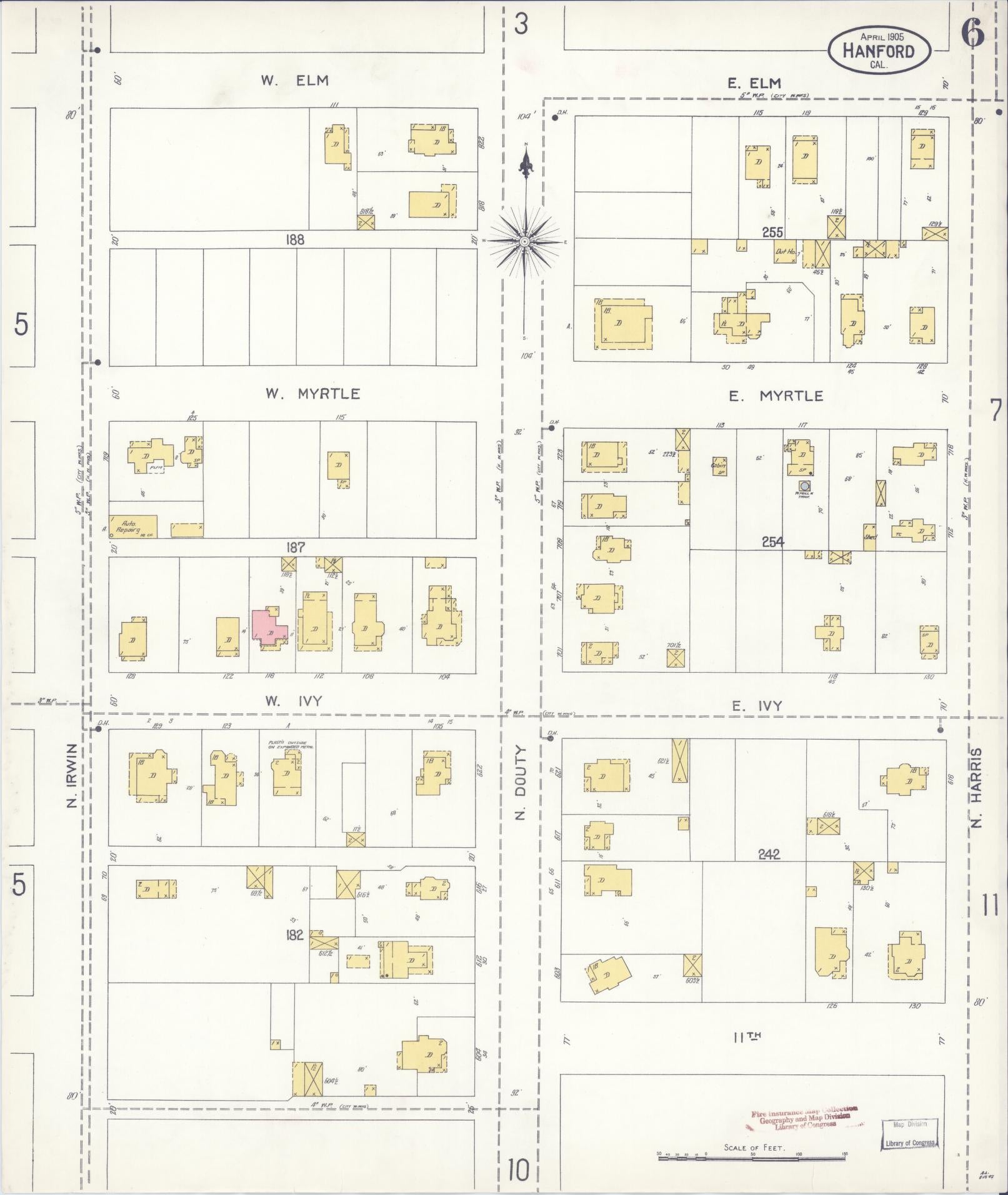 Sanborn Fire Insurance Map from Hanford, Kings County, California (1905), Sheet #0006 - Historic Sanborn Fire Insurance Map Print, vintage old map wall art, antique decor, genealogy gift, California California map