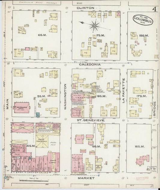 Sanborn Fire Insurance Map from Columbus, Lowndes County, Mississippi (1885), Sheet #0004 - Historic Sanborn Fire Insurance Map Print, vintage old map wall art, antique decor, genealogy gift, Mississippi Mississippi map